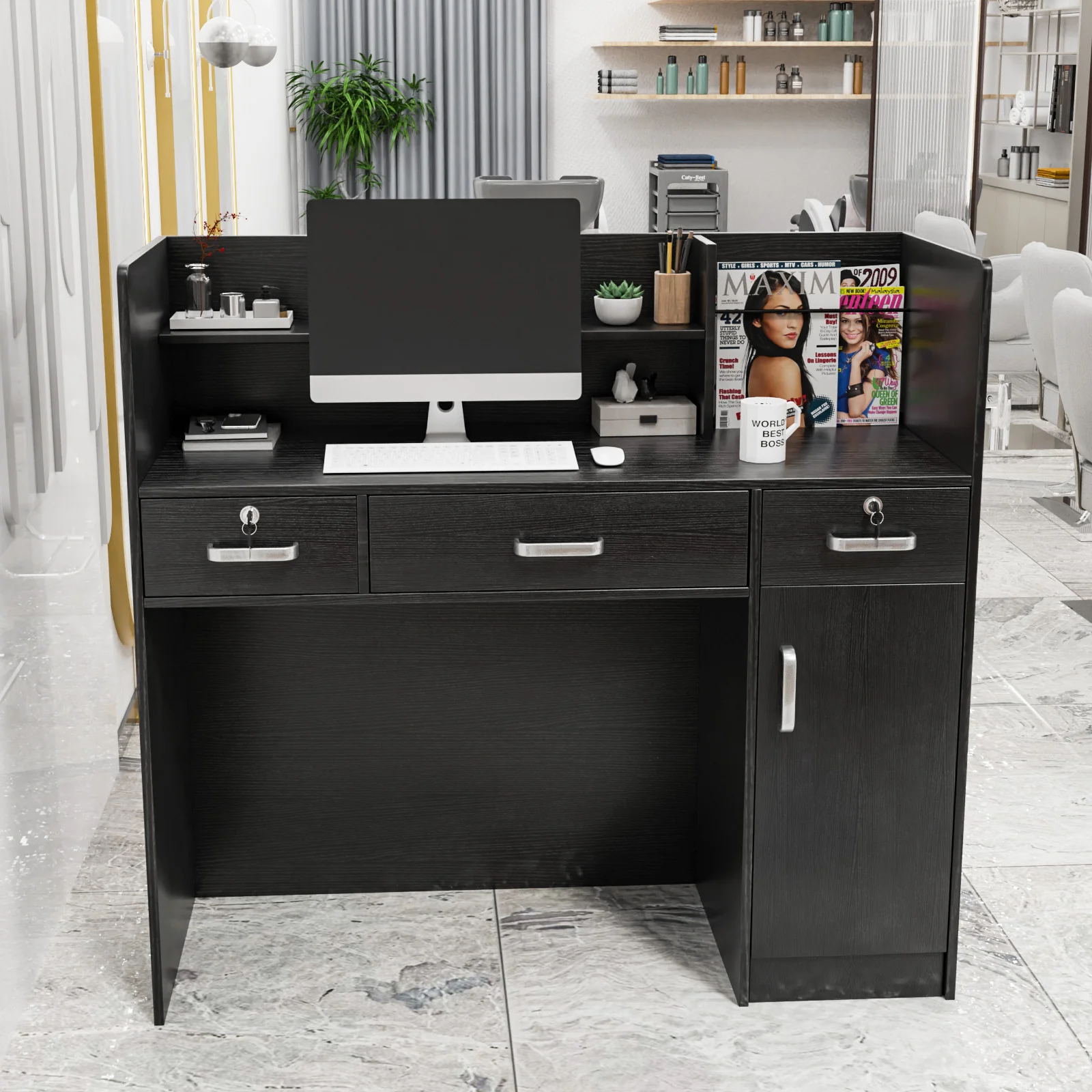 OmySalon OSRD-H Modern Computer Reception Desk with Lockable Drawers Storage Cabinet & Shelf - Image 5