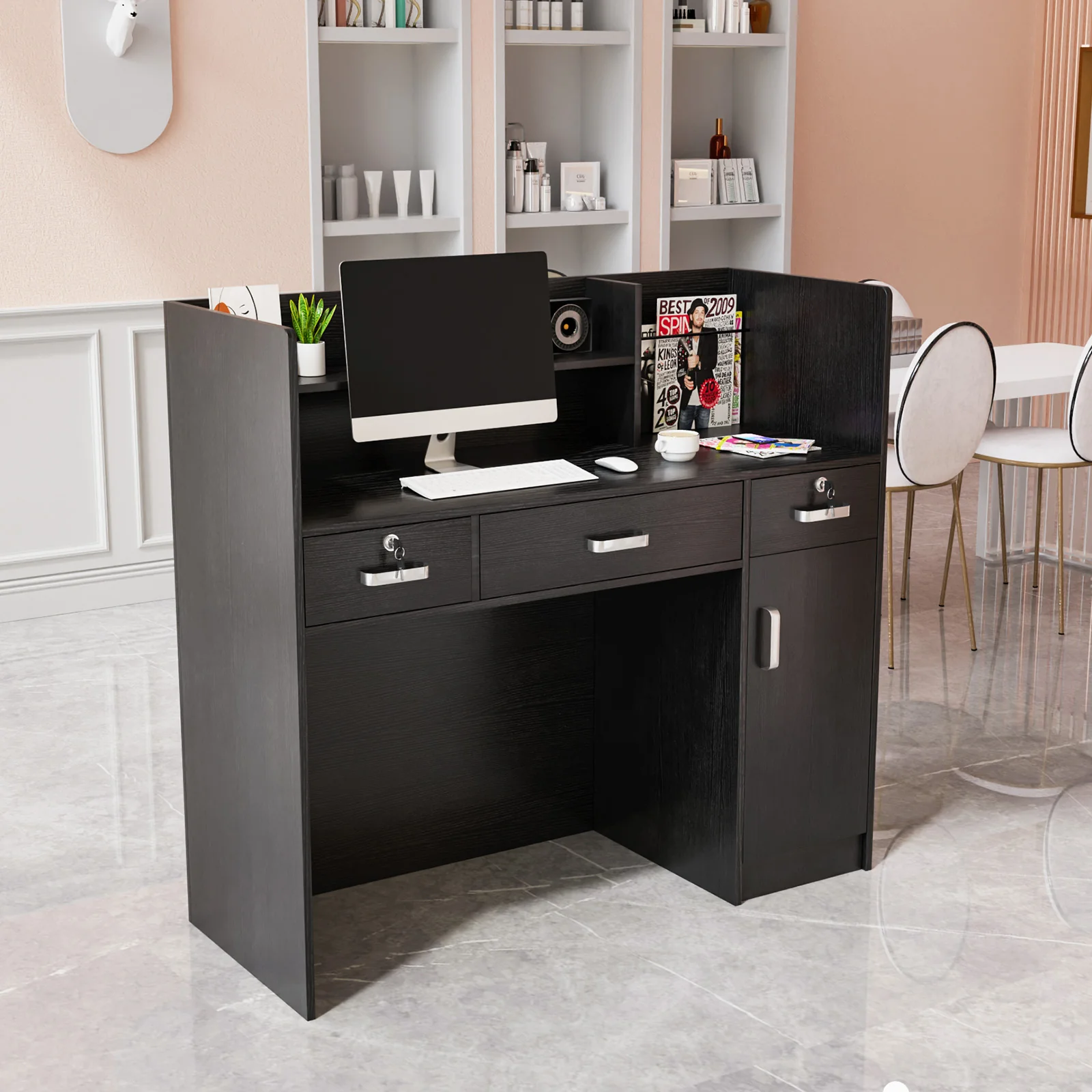 OmySalon OSRD-H Modern Computer Reception Desk with Lockable Drawers Storage Cabinet & Shelf - Image 6