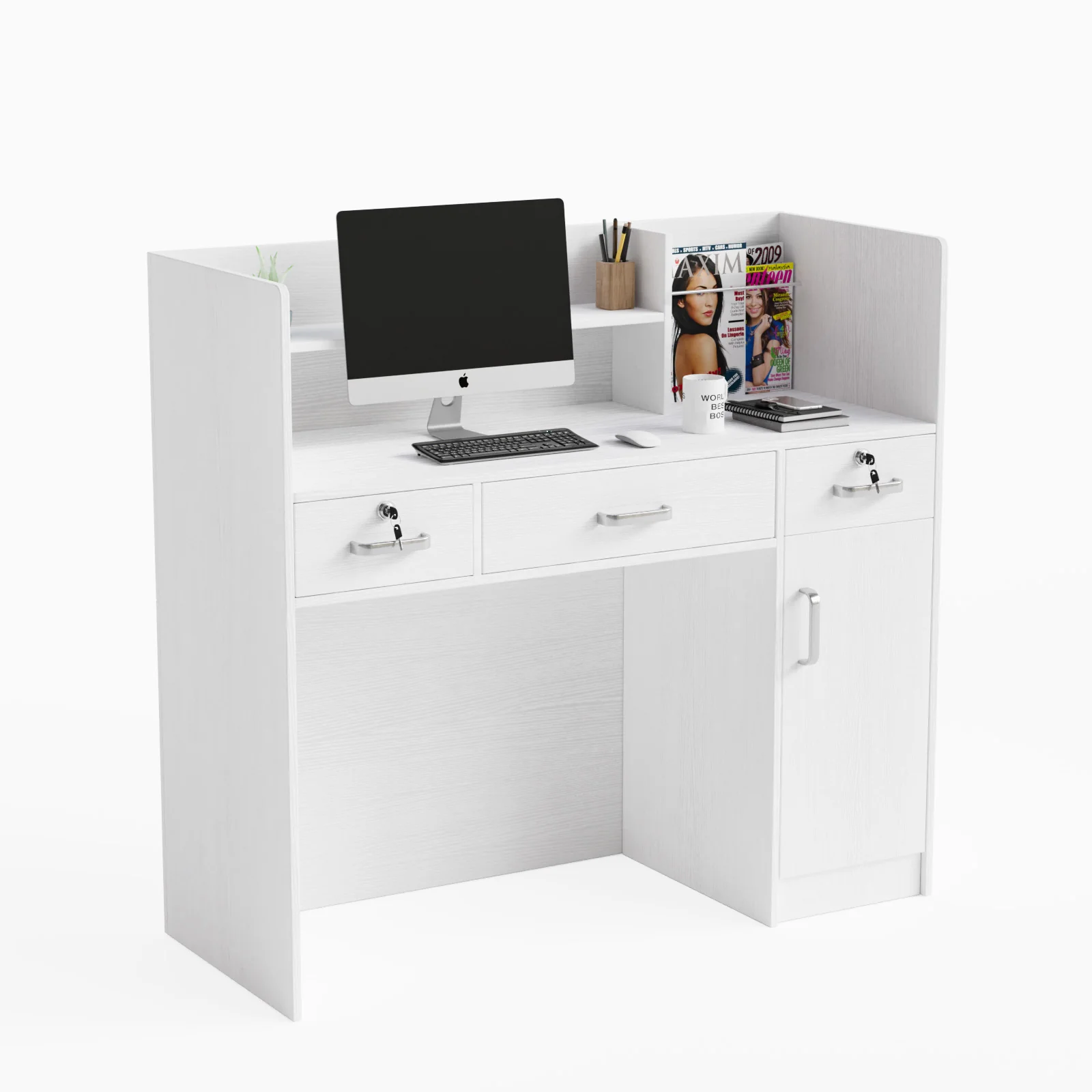 OmySalon OSRD-H Modern Computer Reception Desk with Lockable Drawers Storage Cabinet & Shelf - Image 9