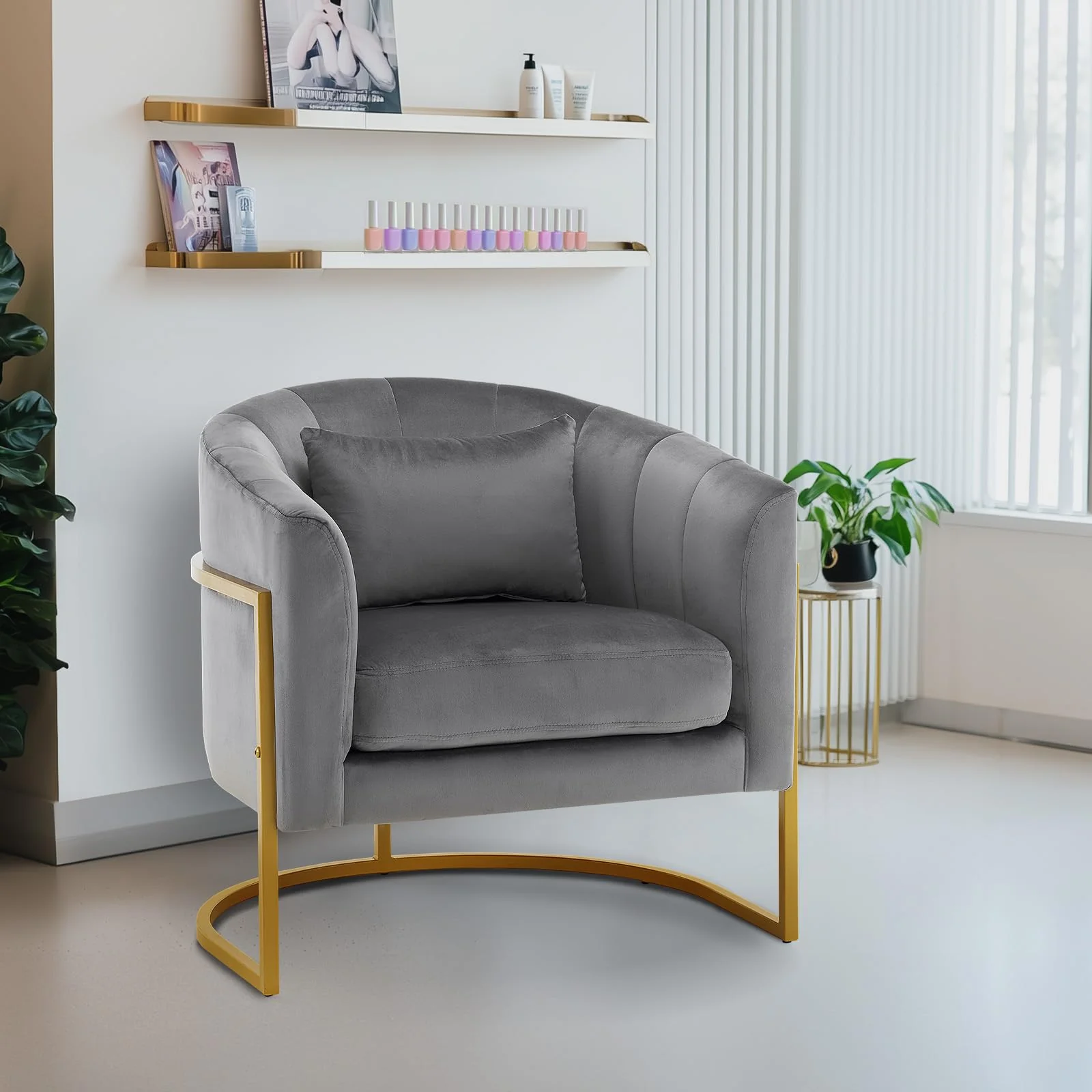 OmySalon Modern Velvet Vanity Manicure Chair with Gold Metal Support & Comfotable Armrest Pillow - Image 18