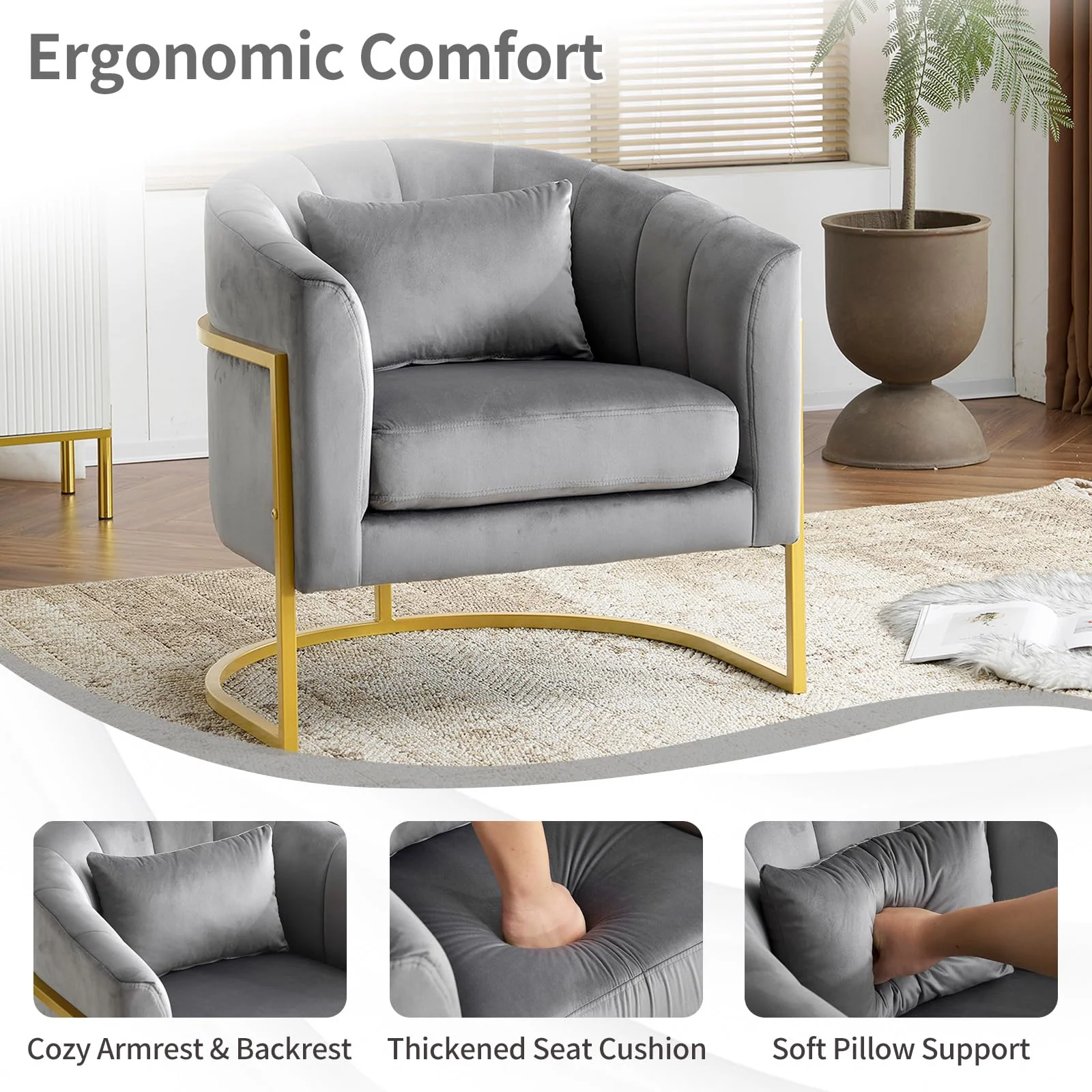 OmySalon Modern Velvet Vanity Manicure Chair with Gold Metal Support & Comfotable Armrest Pillow - Image 20