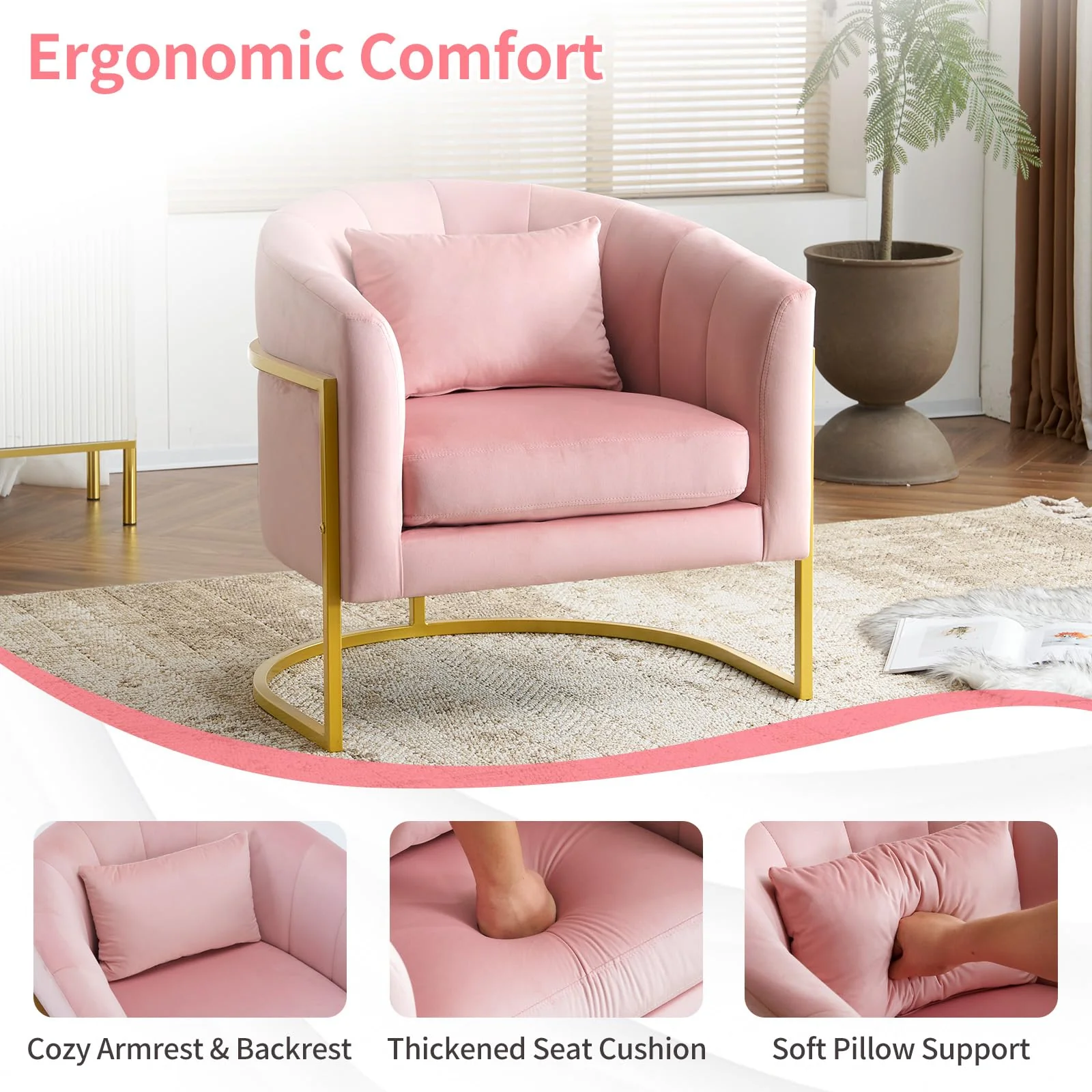 OmySalon Modern Velvet Vanity Manicure Chair with Gold Metal Support & Comfotable Armrest Pillow - Image 4