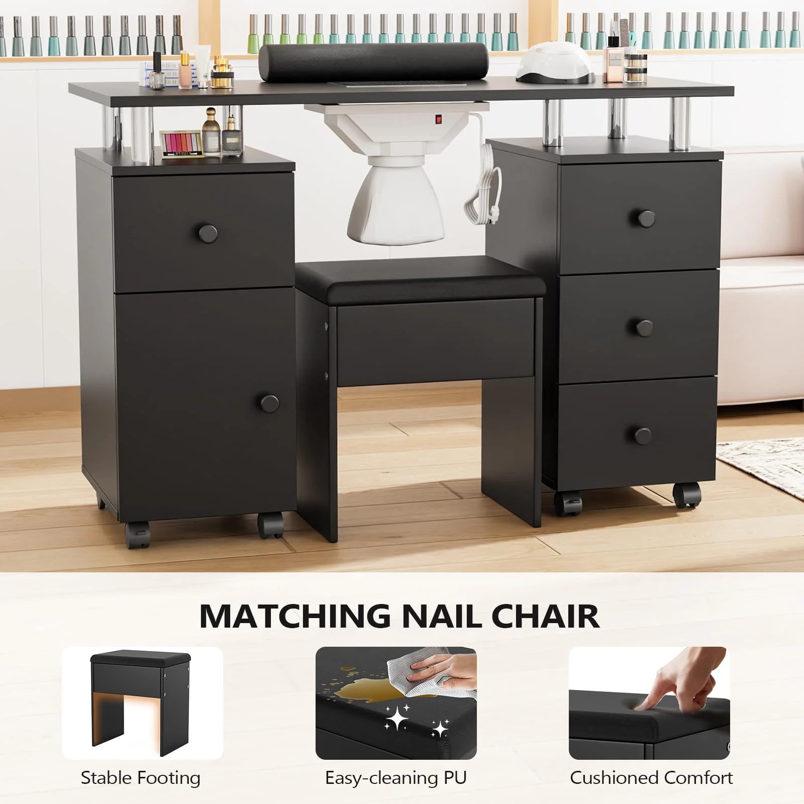 OmySalon MT-DCCH Nail Manicure Table and Chair Set w/Electric Dust Collector & Wrist Rest - Image 10