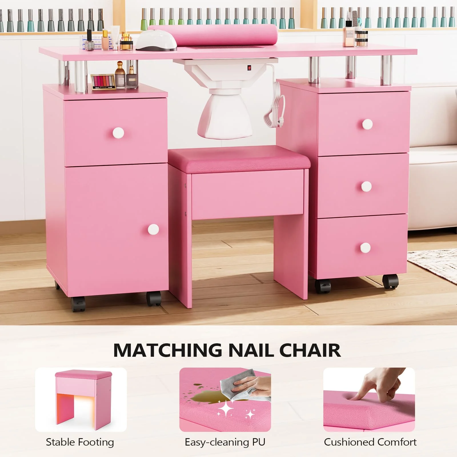 OmySalon MT-DCCH Nail Manicure Table and Chair Set w/Electric Dust Collector & Wrist Rest - Image 17