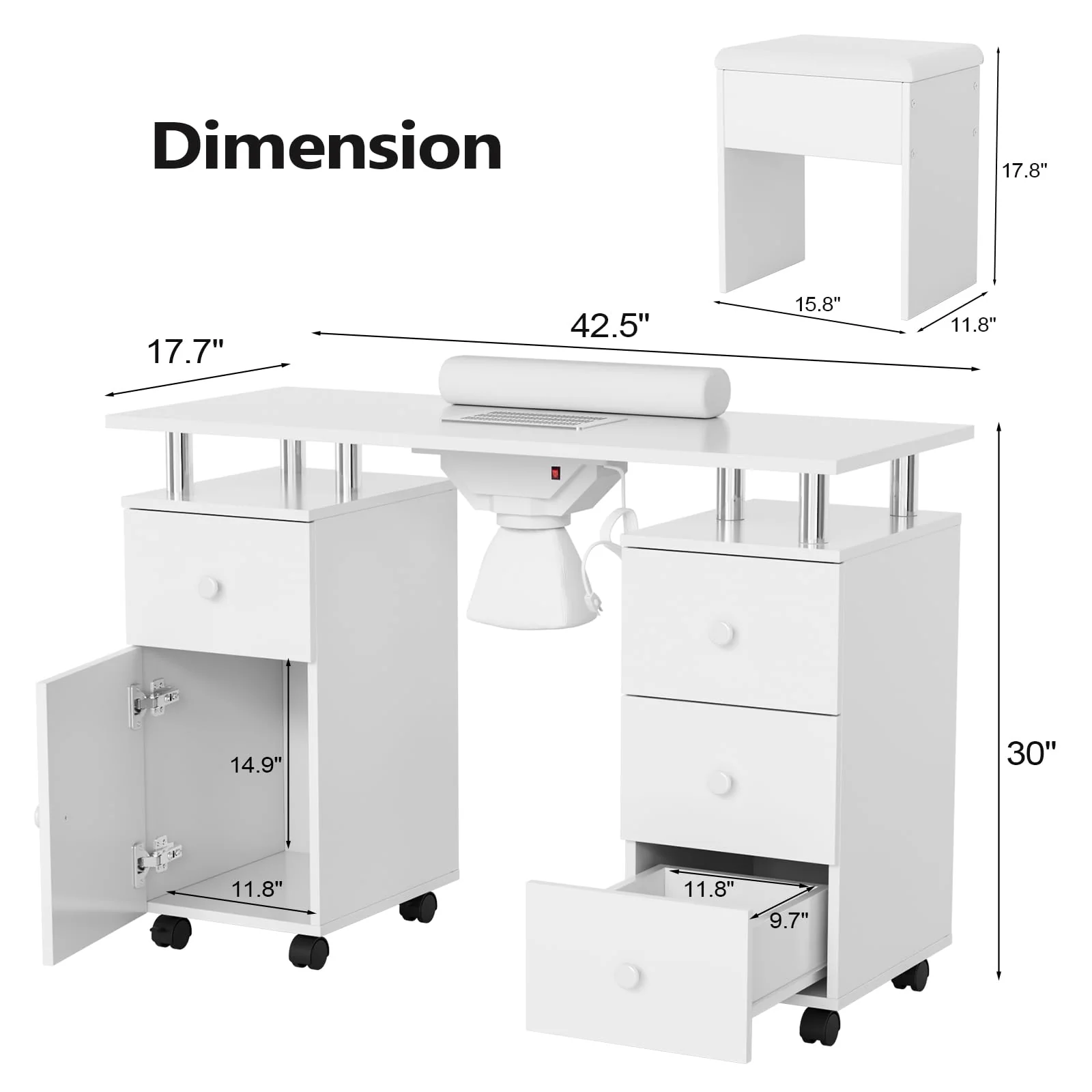OmySalon MT-DCCH Nail Manicure Table and Chair Set w/Electric Dust Collector & Wrist Rest - Image 3