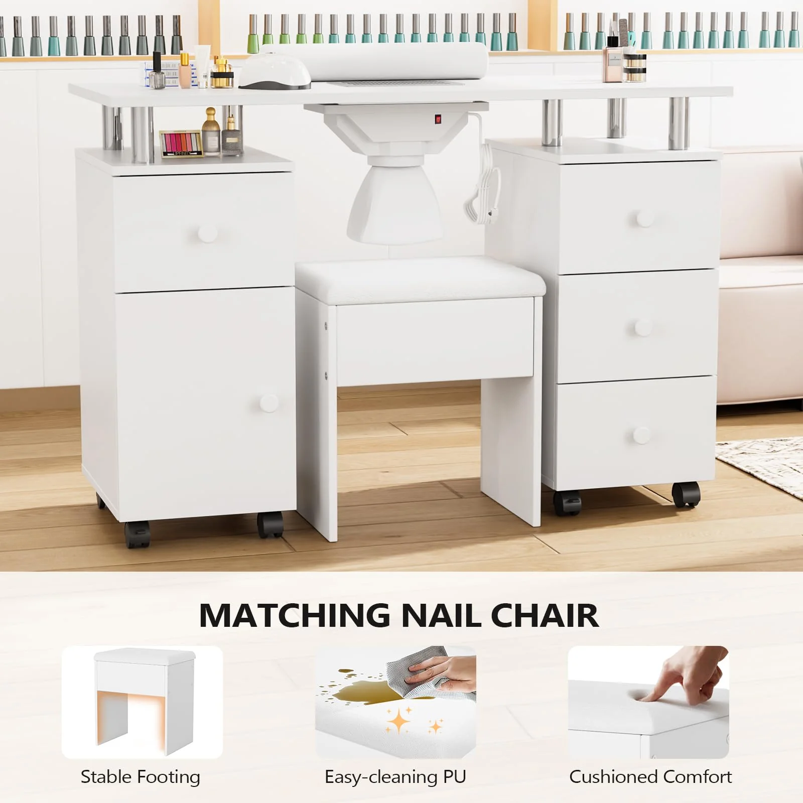 OmySalon MT-DCCH Nail Manicure Table and Chair Set w/Electric Dust Collector & Wrist Rest - Image 4