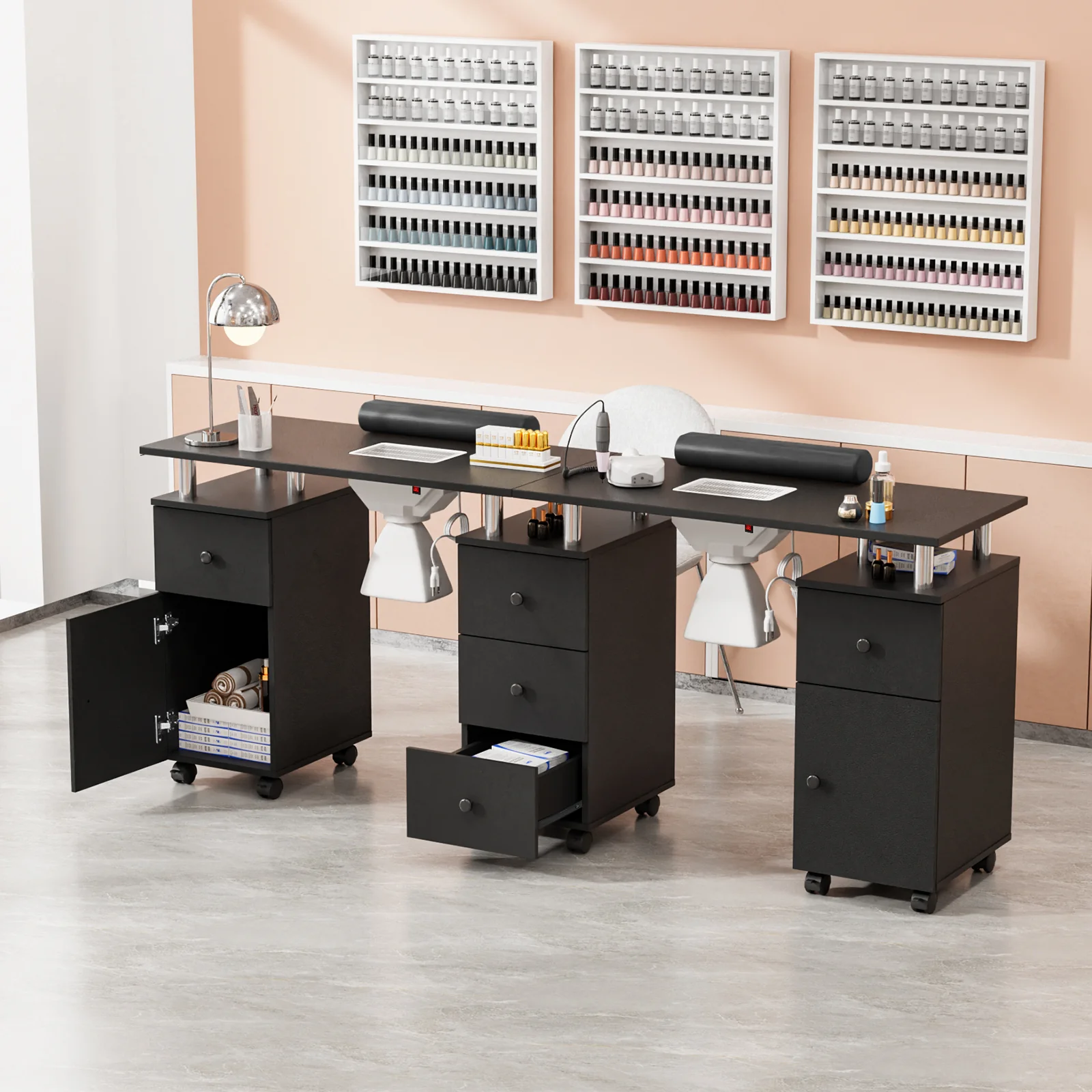 Omysalon MT-DS Double Manicure Table w/2 Electric Dust Collectors & Wrist Rest & 5 Drawers 2 Cabinets 3 open Spaces - Image 10