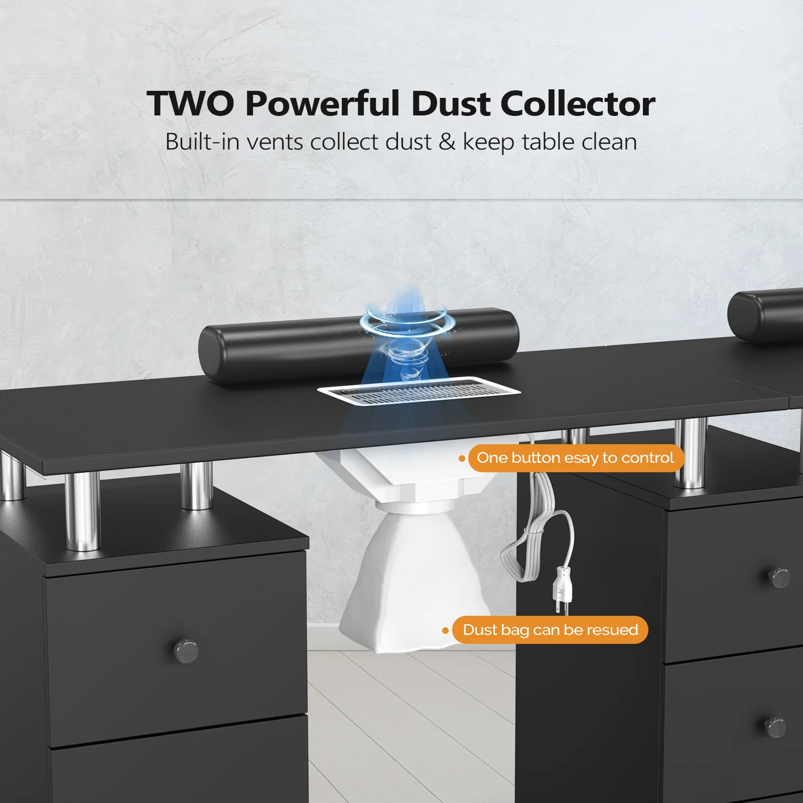 Omysalon MT-DS Double Manicure Table w/2 Electric Dust Collectors & Wrist Rest & 5 Drawers 2 Cabinets 3 open Spaces - Image 11