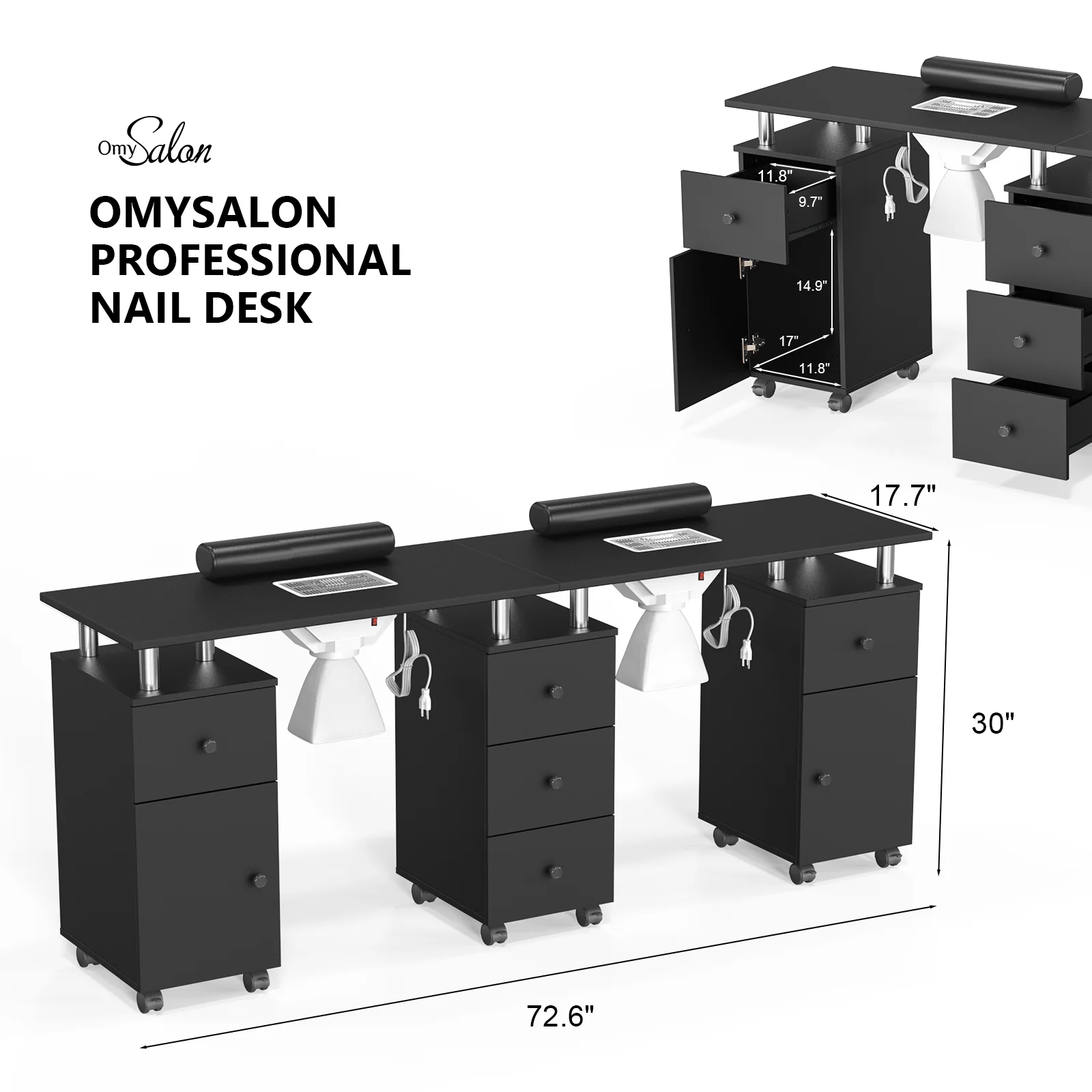 Omysalon MT-DS Double Manicure Table w/2 Electric Dust Collectors & Wrist Rest & 5 Drawers 2 Cabinets 3 open Spaces - Image 15