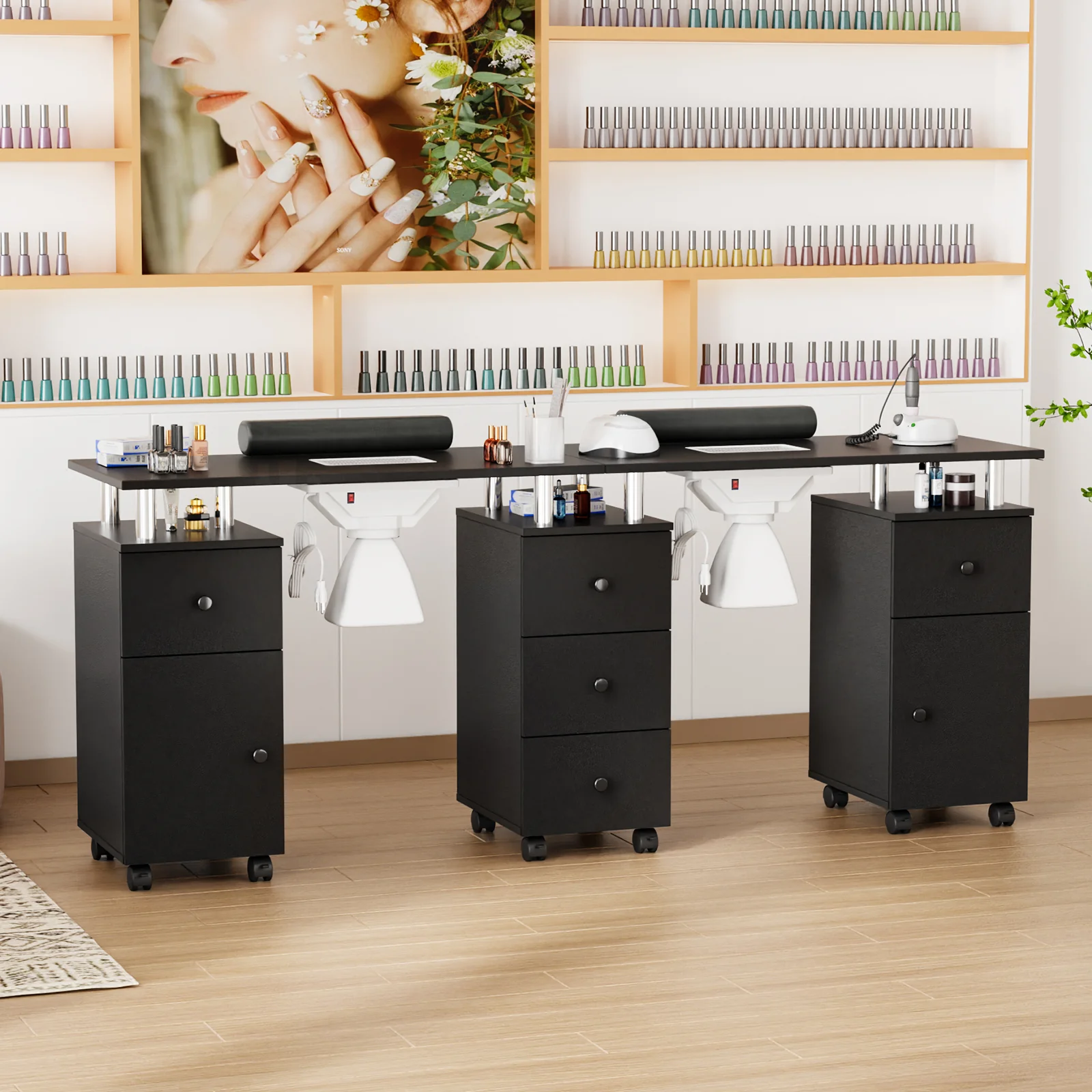 Omysalon MT-DS Double Manicure Table w/2 Electric Dust Collectors & Wrist Rest & 5 Drawers 2 Cabinets 3 open Spaces - Image 16