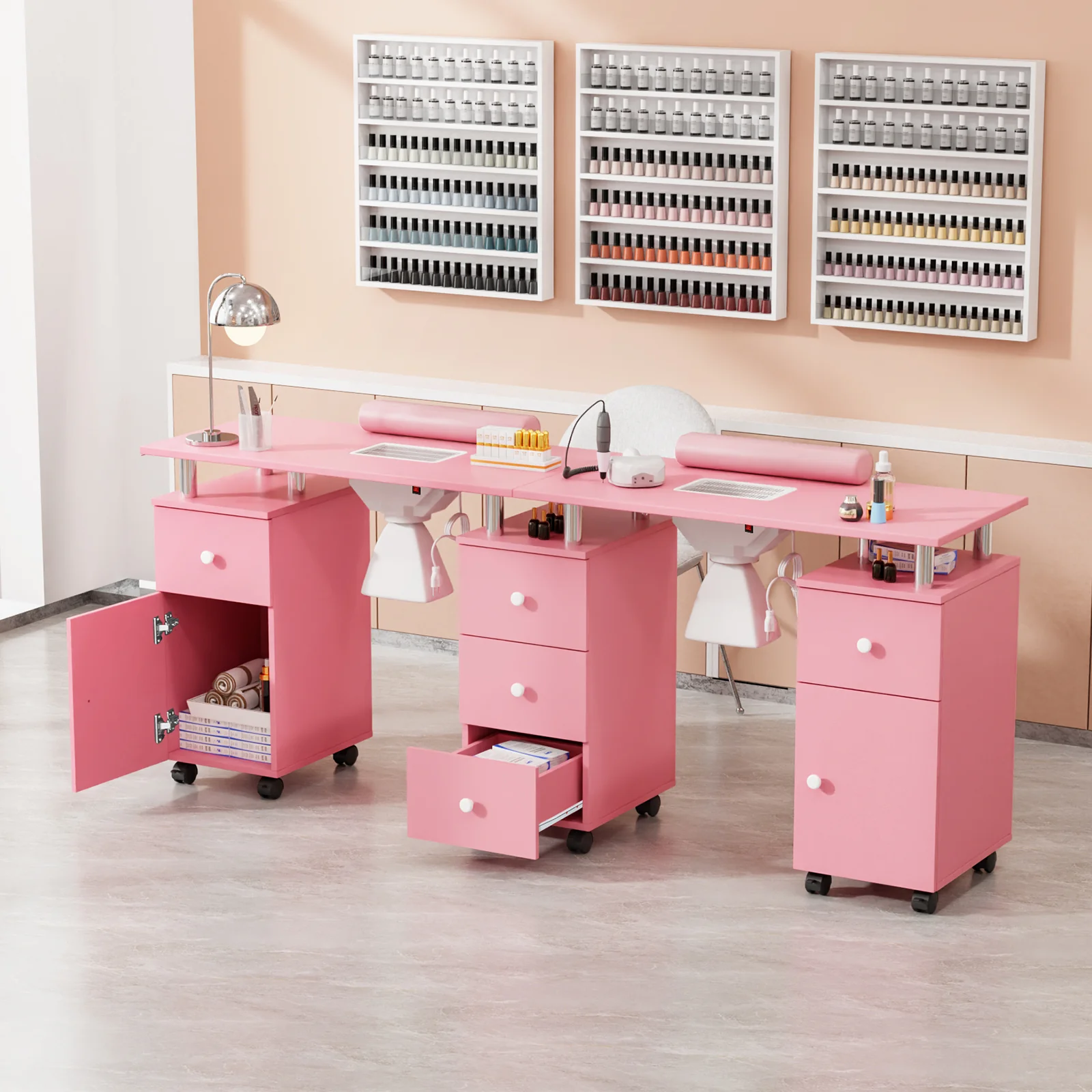 Omysalon MT-DS Double Manicure Table w/2 Electric Dust Collectors & Wrist Rest & 5 Drawers 2 Cabinets 3 open Spaces - Image 18