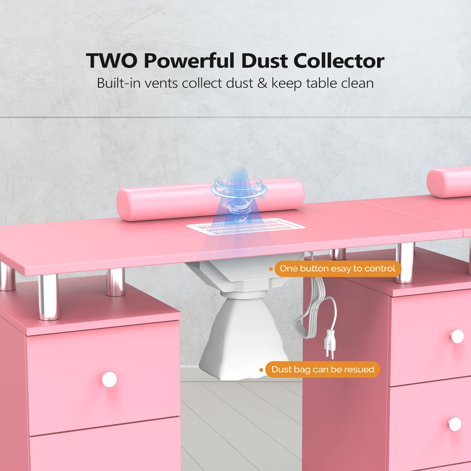Omysalon MT-DS Double Manicure Table w/2 Electric Dust Collectors & Wrist Rest & 5 Drawers 2 Cabinets 3 open Spaces - Image 19