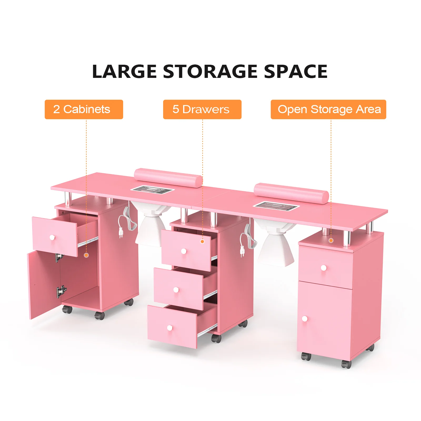 Omysalon MT-DS Double Manicure Table w/2 Electric Dust Collectors & Wrist Rest & 5 Drawers 2 Cabinets 3 open Spaces - Image 20