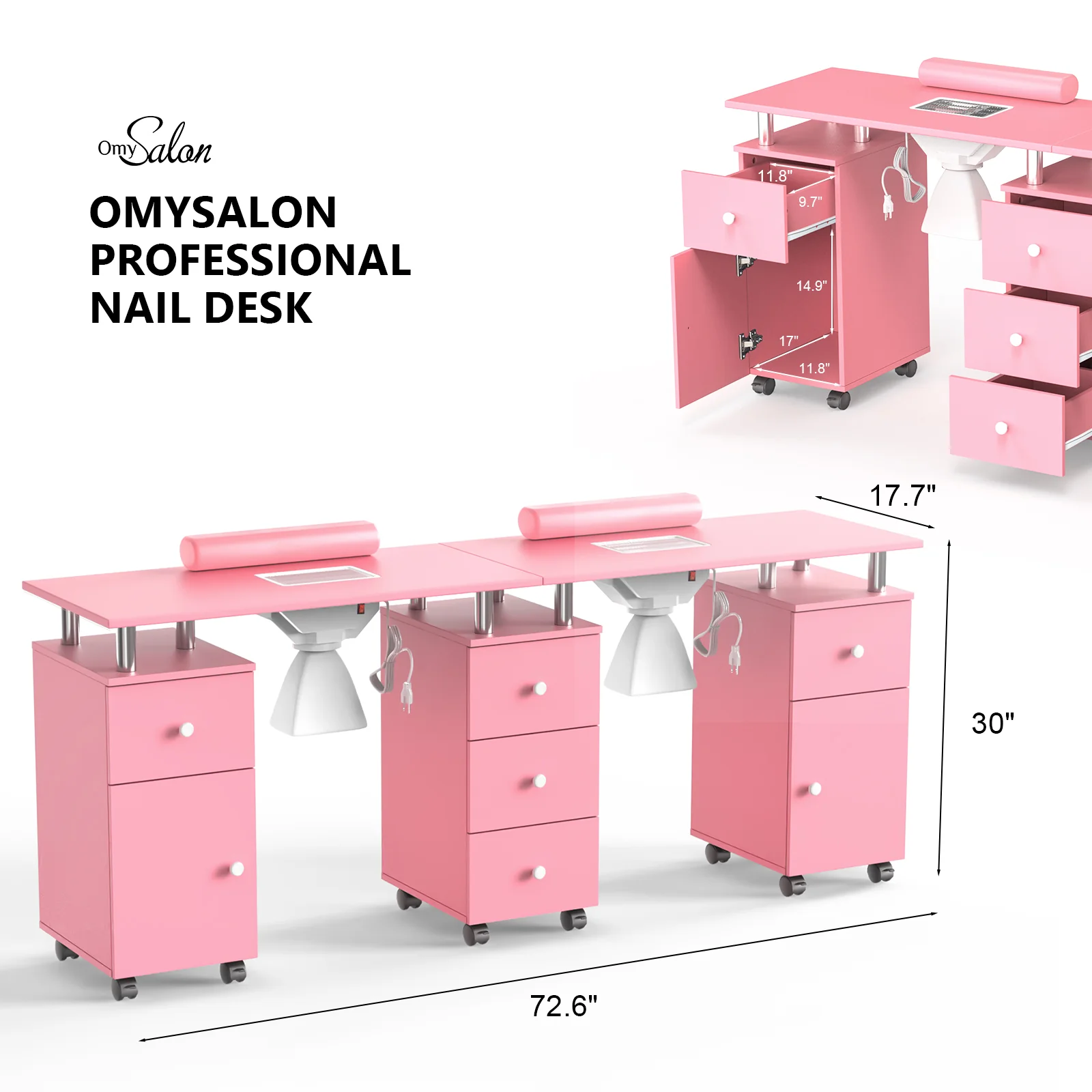 Omysalon MT-DS Double Manicure Table w/2 Electric Dust Collectors & Wrist Rest & 5 Drawers 2 Cabinets 3 open Spaces - Image 23