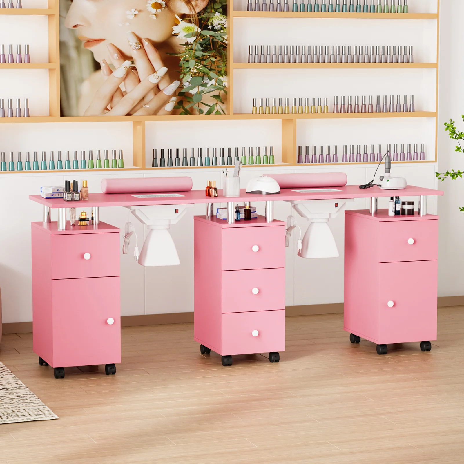 Omysalon MT-DS Double Manicure Table w/2 Electric Dust Collectors & Wrist Rest & 5 Drawers 2 Cabinets 3 open Spaces - Image 24