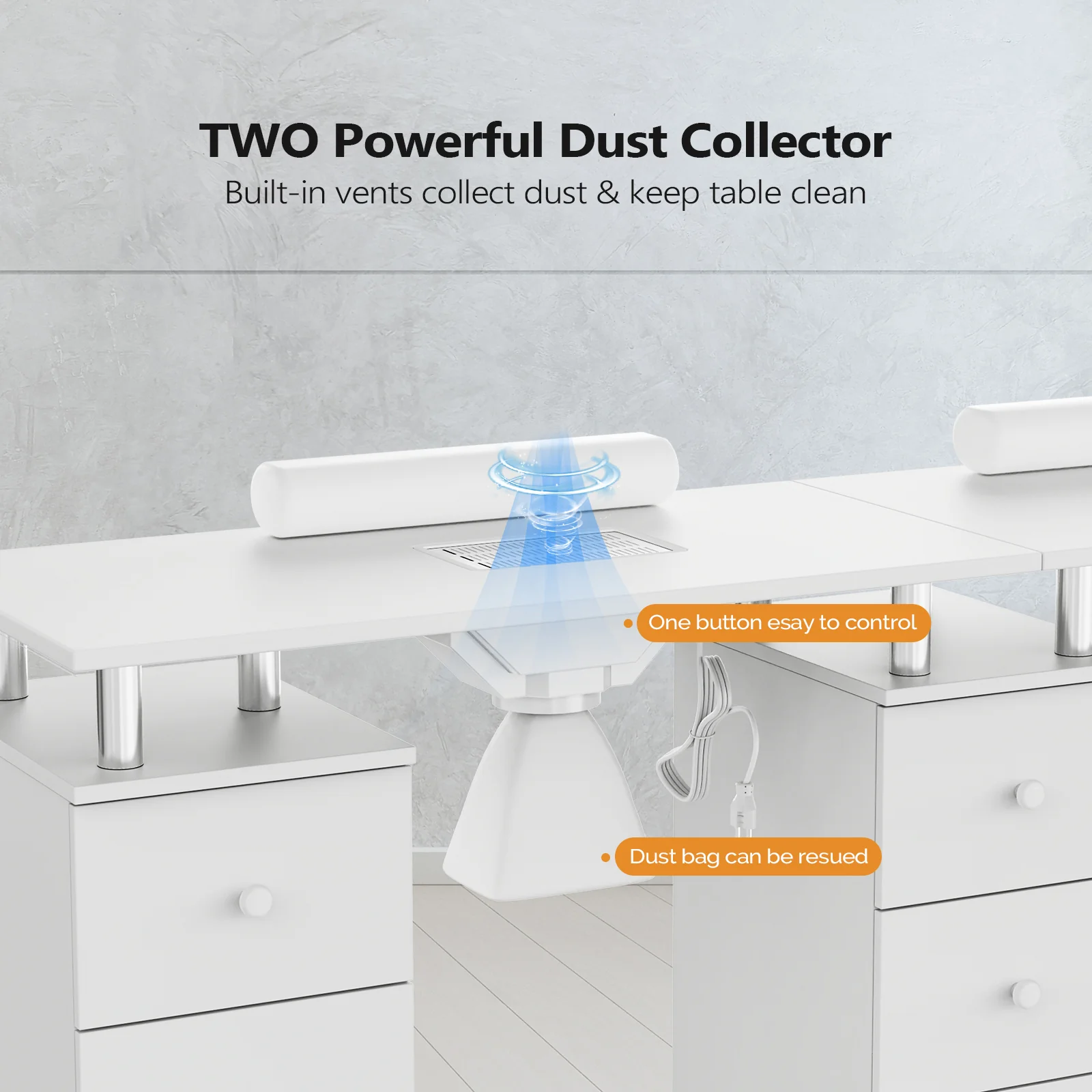 Omysalon MT-DS Double Manicure Table w/2 Electric Dust Collectors & Wrist Rest & 5 Drawers 2 Cabinets 3 open Spaces - Image 3