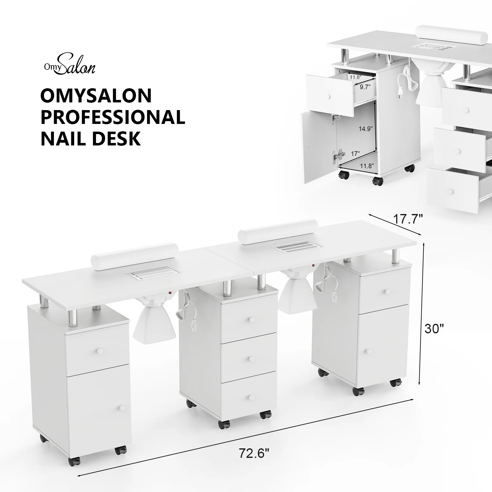Omysalon MT-DS Double Manicure Table w/2 Electric Dust Collectors & Wrist Rest & 5 Drawers 2 Cabinets 3 open Spaces - Image 7