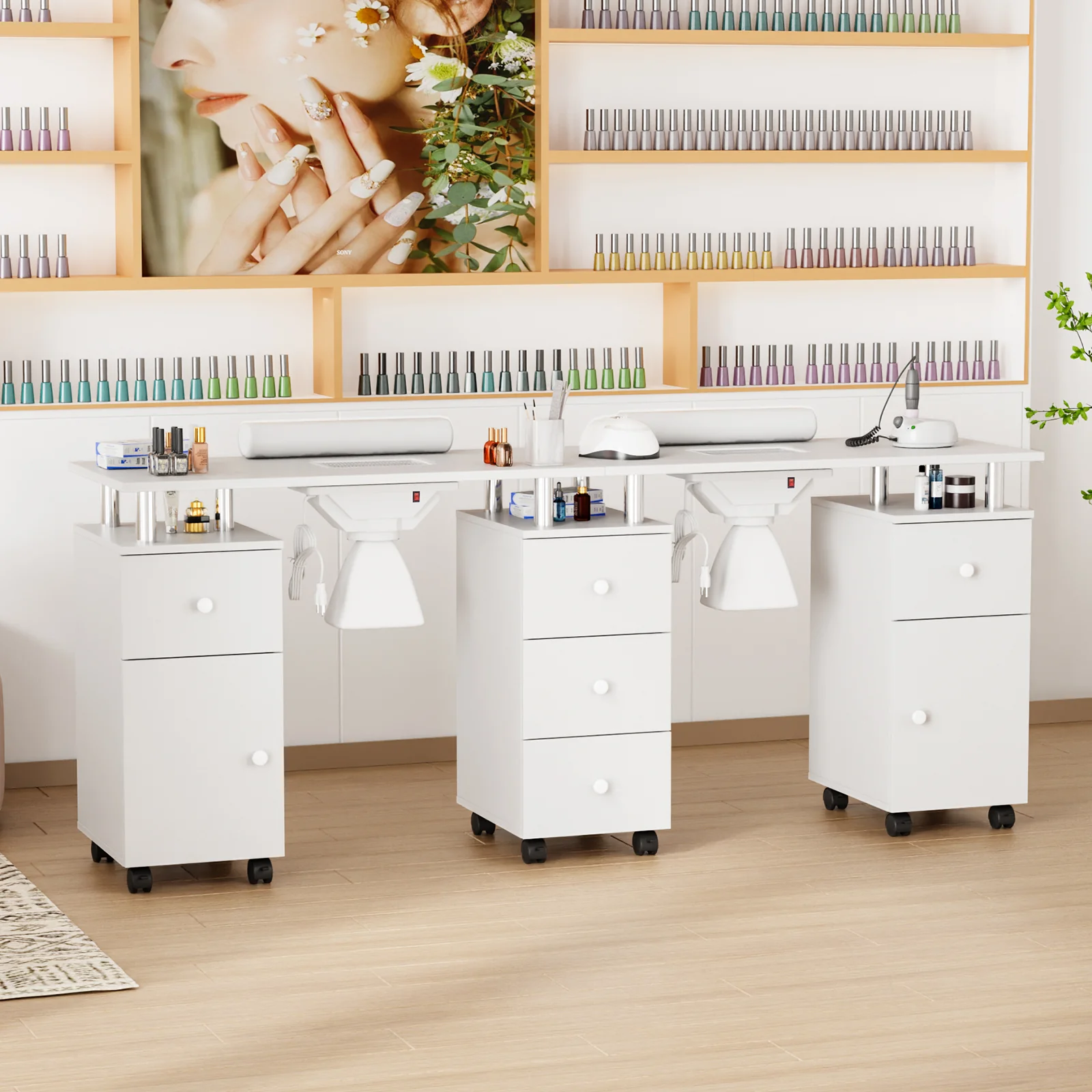 Omysalon MT-DS Double Manicure Table w/2 Electric Dust Collectors & Wrist Rest & 5 Drawers 2 Cabinets 3 open Spaces - Image 8