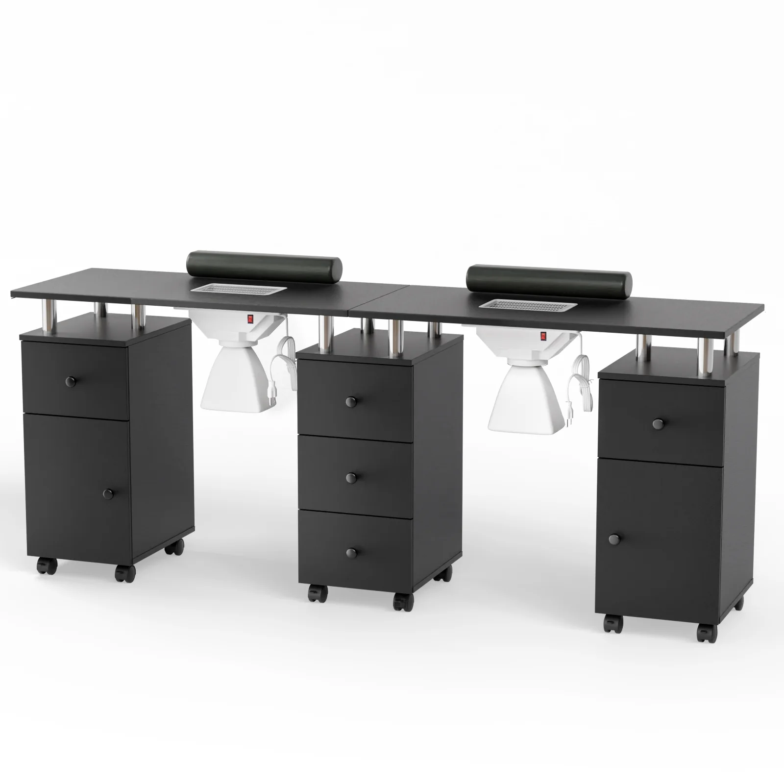 Omysalon MT-DS Double Manicure Table w/2 Electric Dust Collectors & Wrist Rest & 5 Drawers 2 Cabinets 3 open Spaces - Image 9