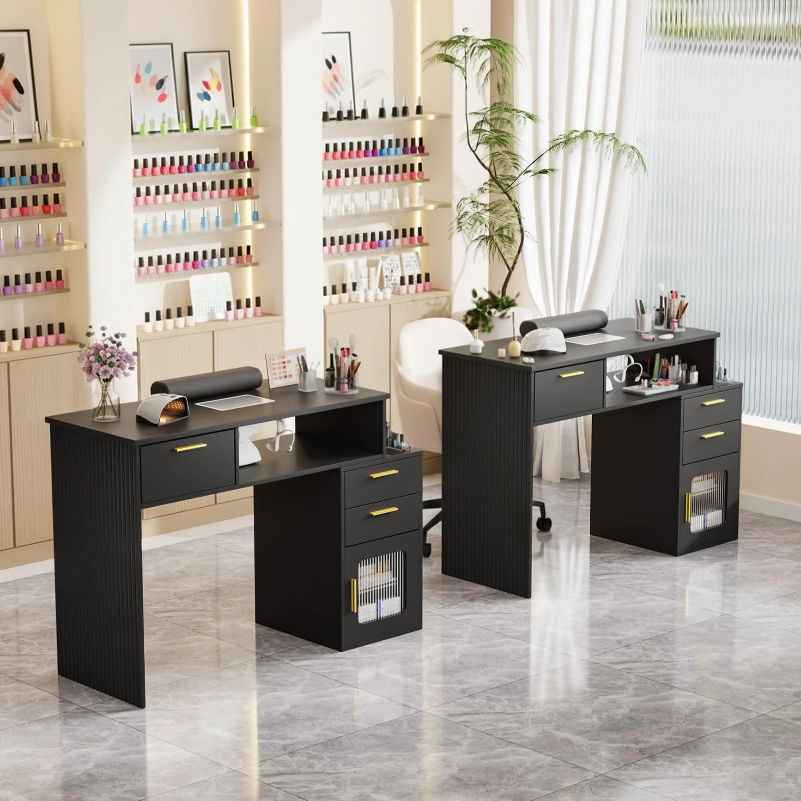 OmySalon MT-FL Nail Manicure Table w/Fluted Glass Cabinet & Electric Dust Collector & & Wrist Rest - Image 14