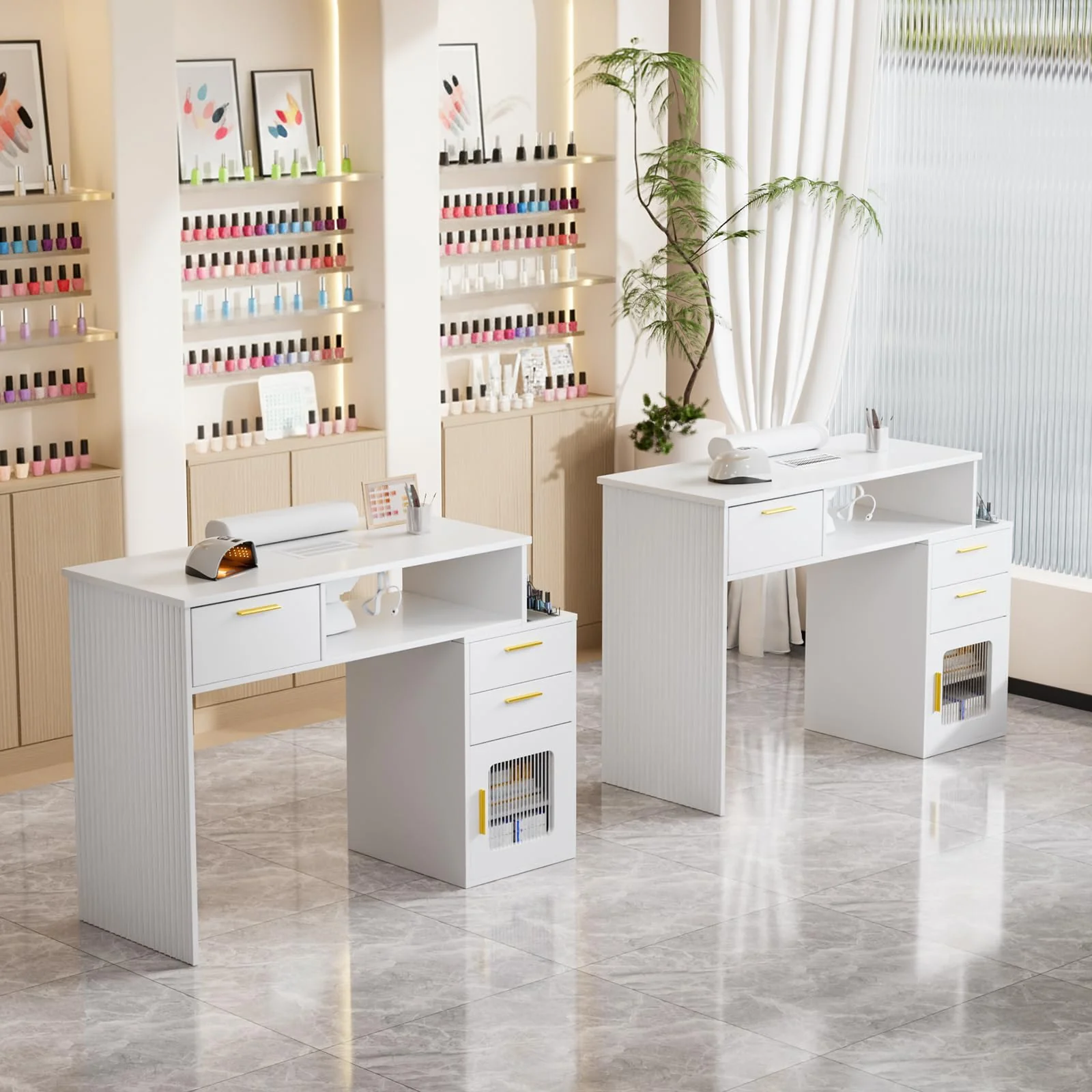OmySalon MT-FL Nail Manicure Table w/Fluted Glass Cabinet & Electric Dust Collector & & Wrist Rest - Image 7