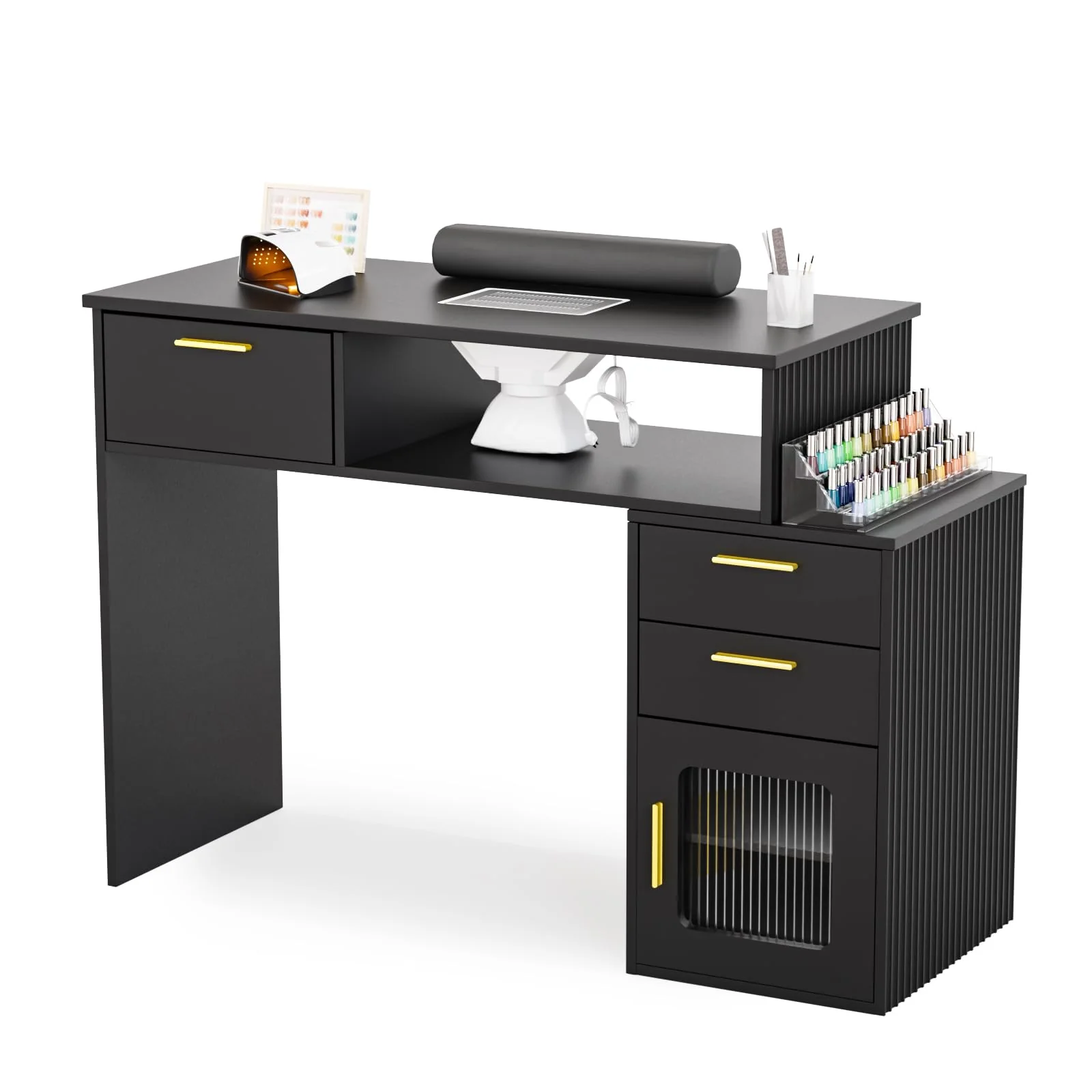 OmySalon MT-FL Nail Manicure Table w/Fluted Glass Cabinet & Electric Dust Collector & & Wrist Rest - Image 8