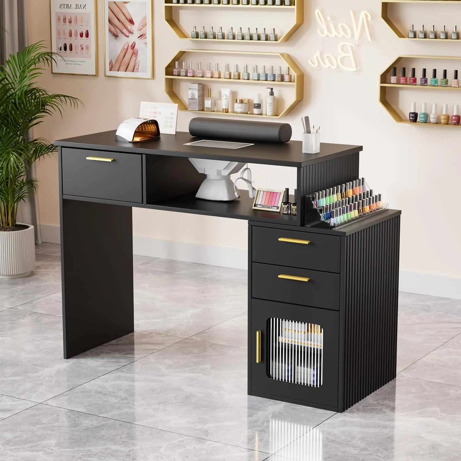 OmySalon MT-FL Nail Manicure Table w/Fluted Glass Cabinet & Electric Dust Collector & & Wrist Rest - Image 9