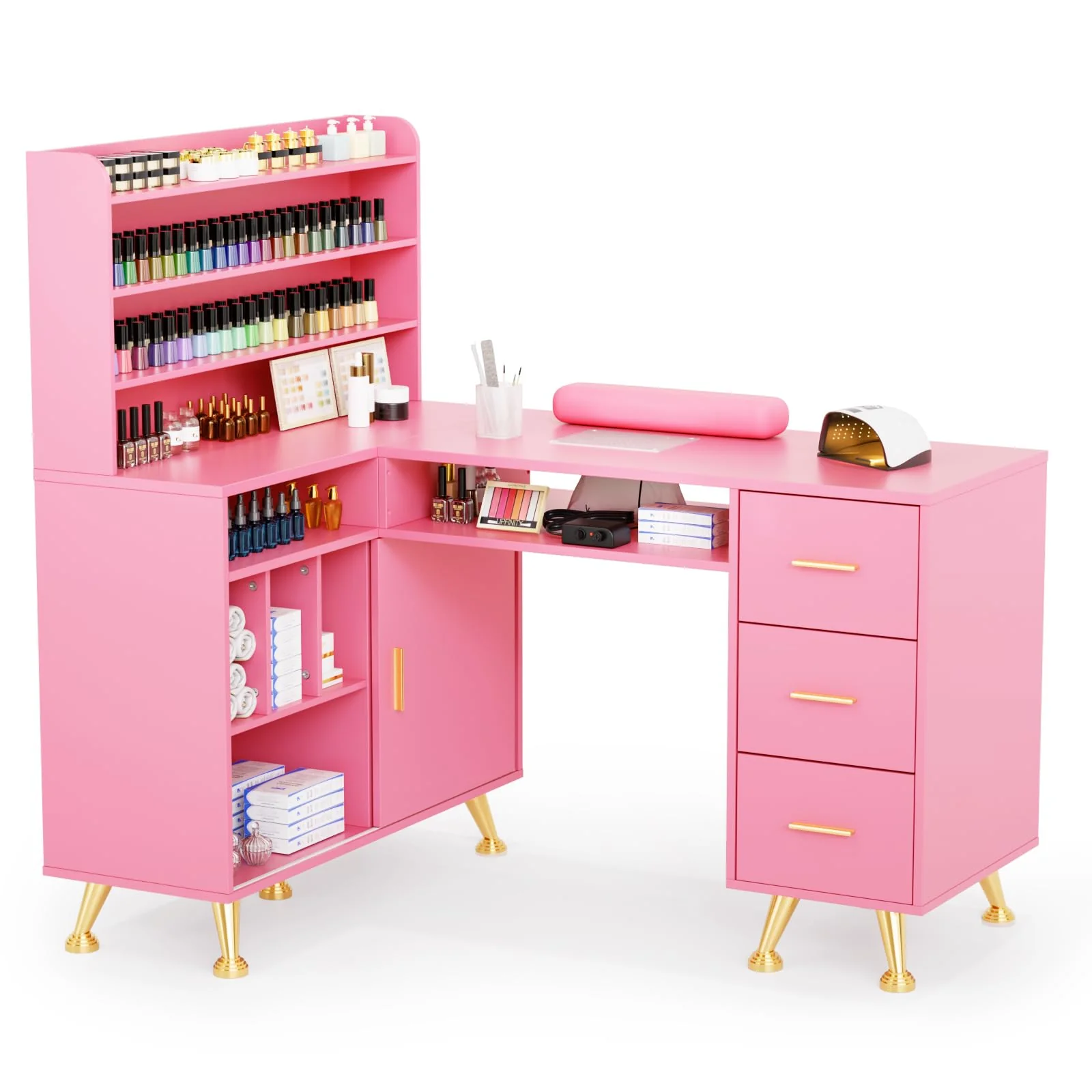 OmySalon MT-LS 52" L Shaped Nail Manicure Table w/Polish Display Rack & Electric Dust Collector & Wrist Rest - Image 15