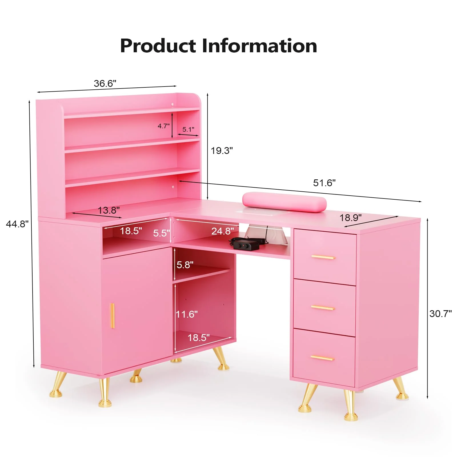OmySalon MT-LS 52" L Shaped Nail Manicure Table w/Polish Display Rack & Electric Dust Collector & Wrist Rest - Image 17