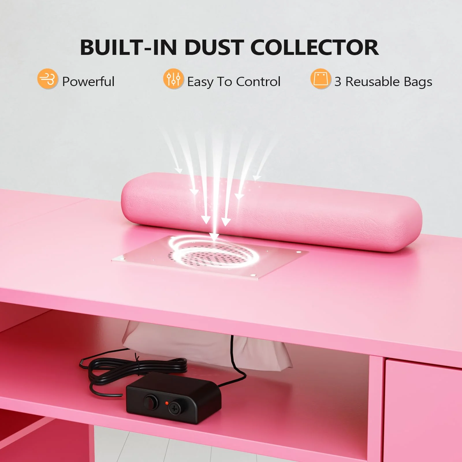 OmySalon MT-LS 52" L Shaped Nail Manicure Table w/Polish Display Rack & Electric Dust Collector & Wrist Rest - Image 20