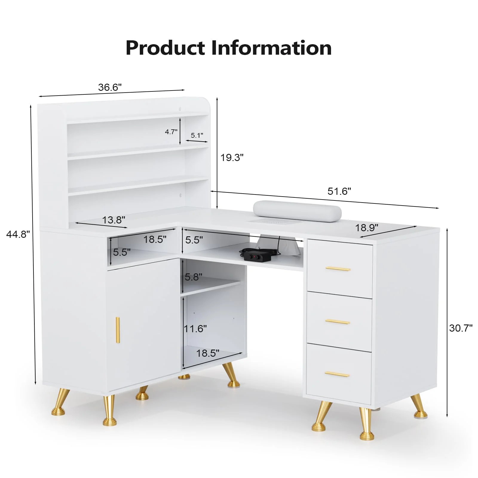 OmySalon MT-LS 52" L Shaped Nail Manicure Table w/Polish Display Rack & Electric Dust Collector & Wrist Rest - Image 3