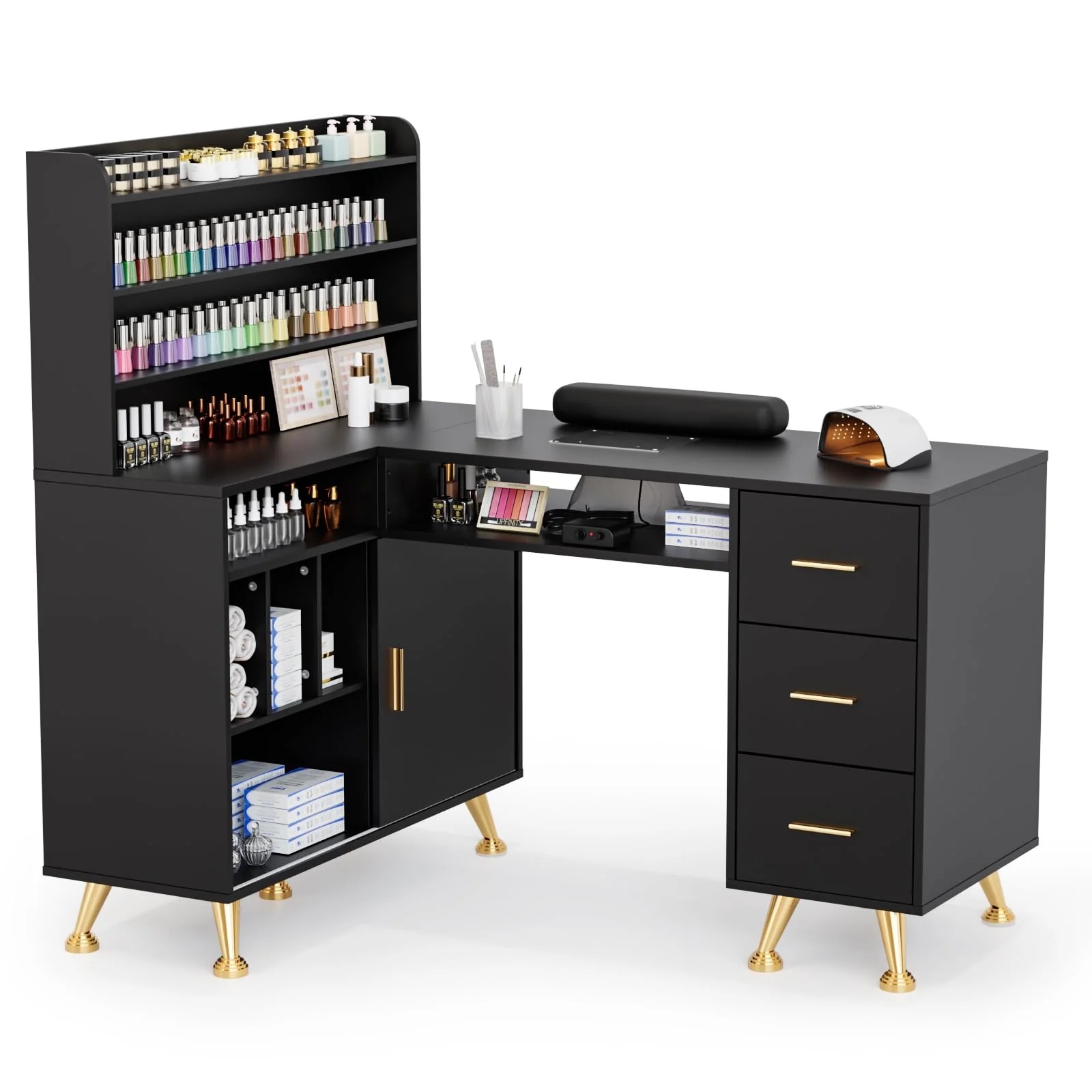 OmySalon MT-LS 52" L Shaped Nail Manicure Table w/Polish Display Rack & Electric Dust Collector & Wrist Rest - Image 8