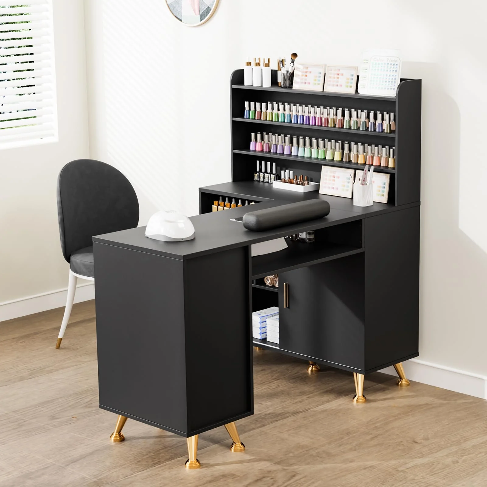 OmySalon MT-LS 52" L Shaped Nail Manicure Table w/Polish Display Rack & Electric Dust Collector & Wrist Rest - Image 9