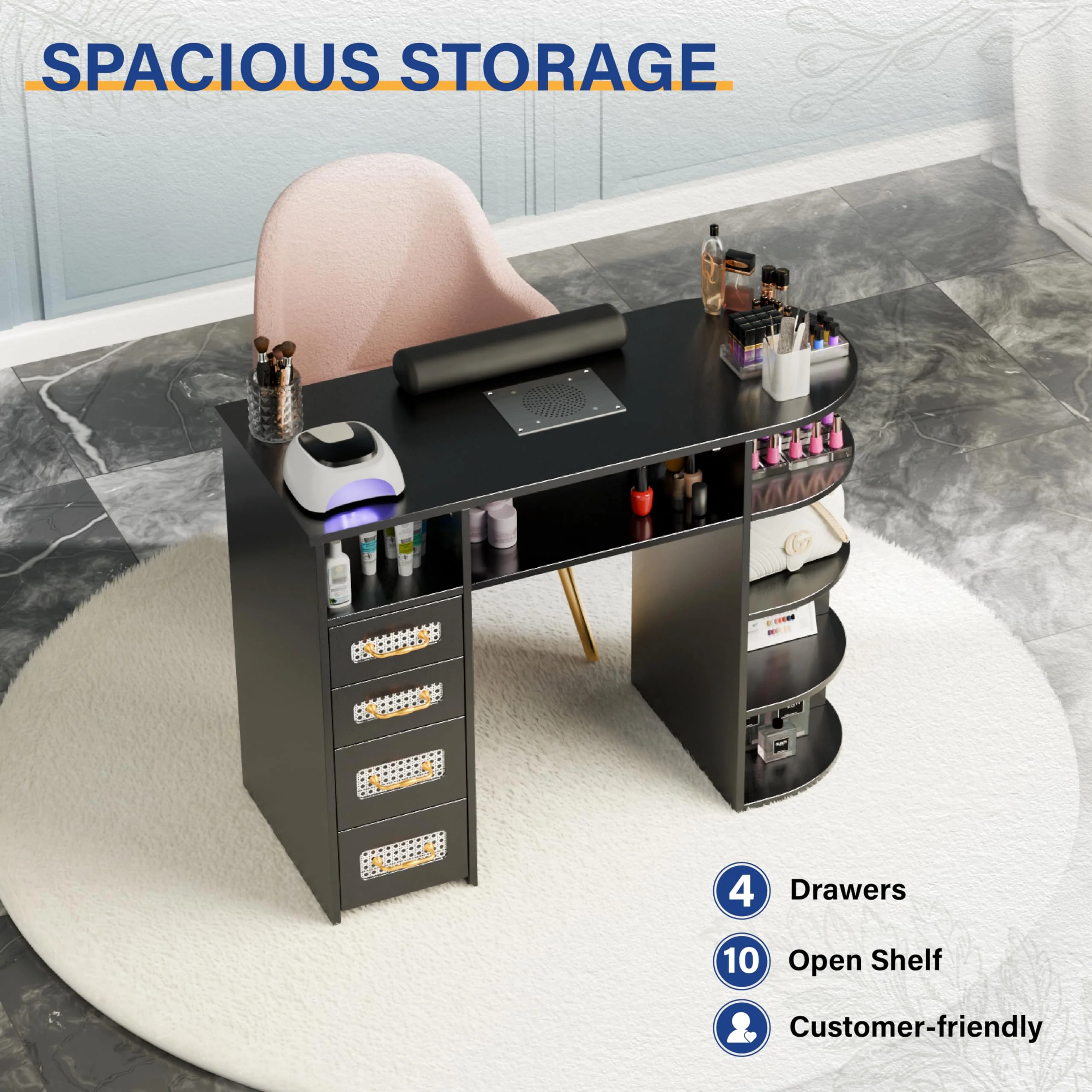 OmySalon MT Rattan Nail Manicure Table with Display Storage, Electric Dust Collector & Wrist Rest - Image 5