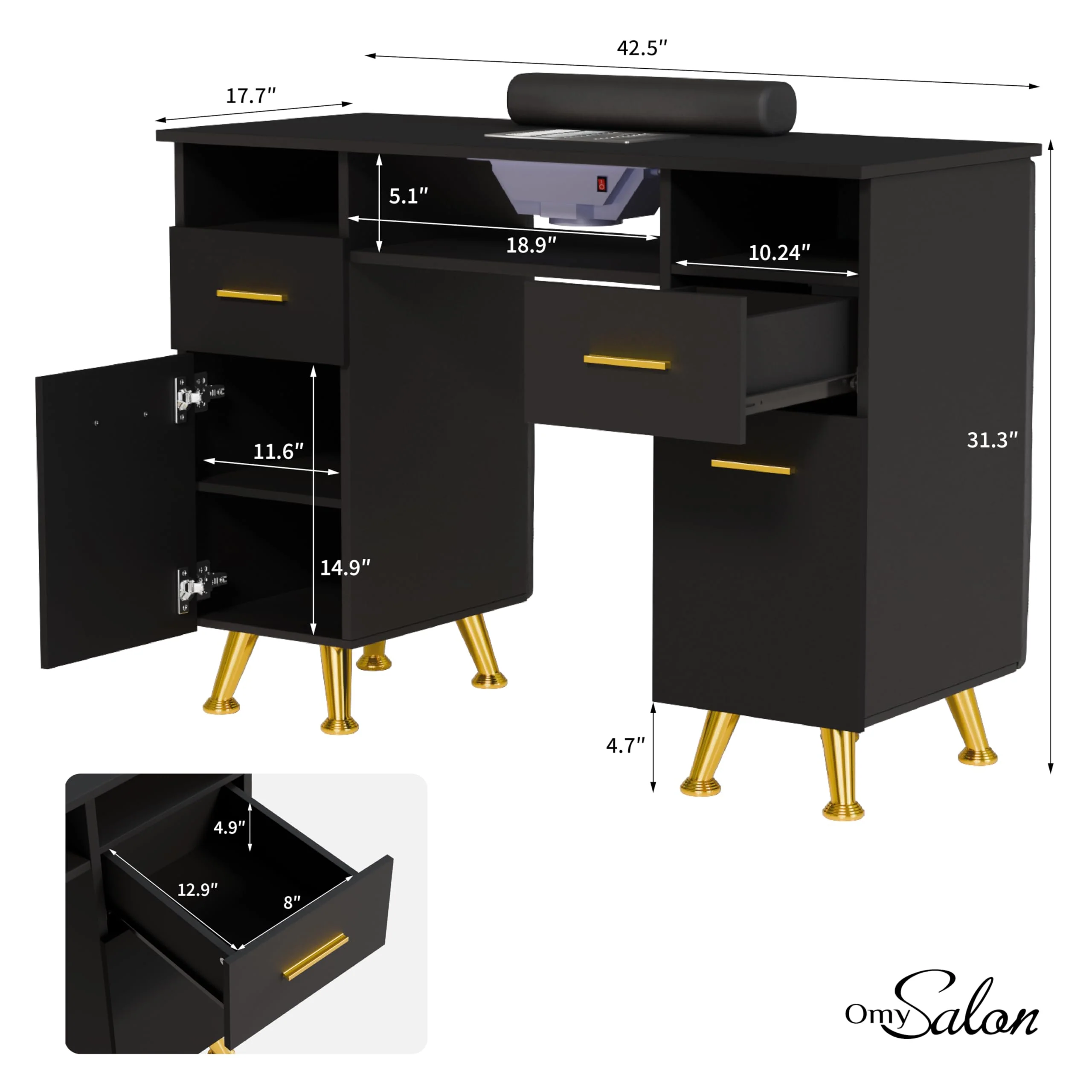 OmySalon MT-SC Nail Manicure Table w/Electric Dust Collector & Wrist Rest & Diamond Decoration - Image 10