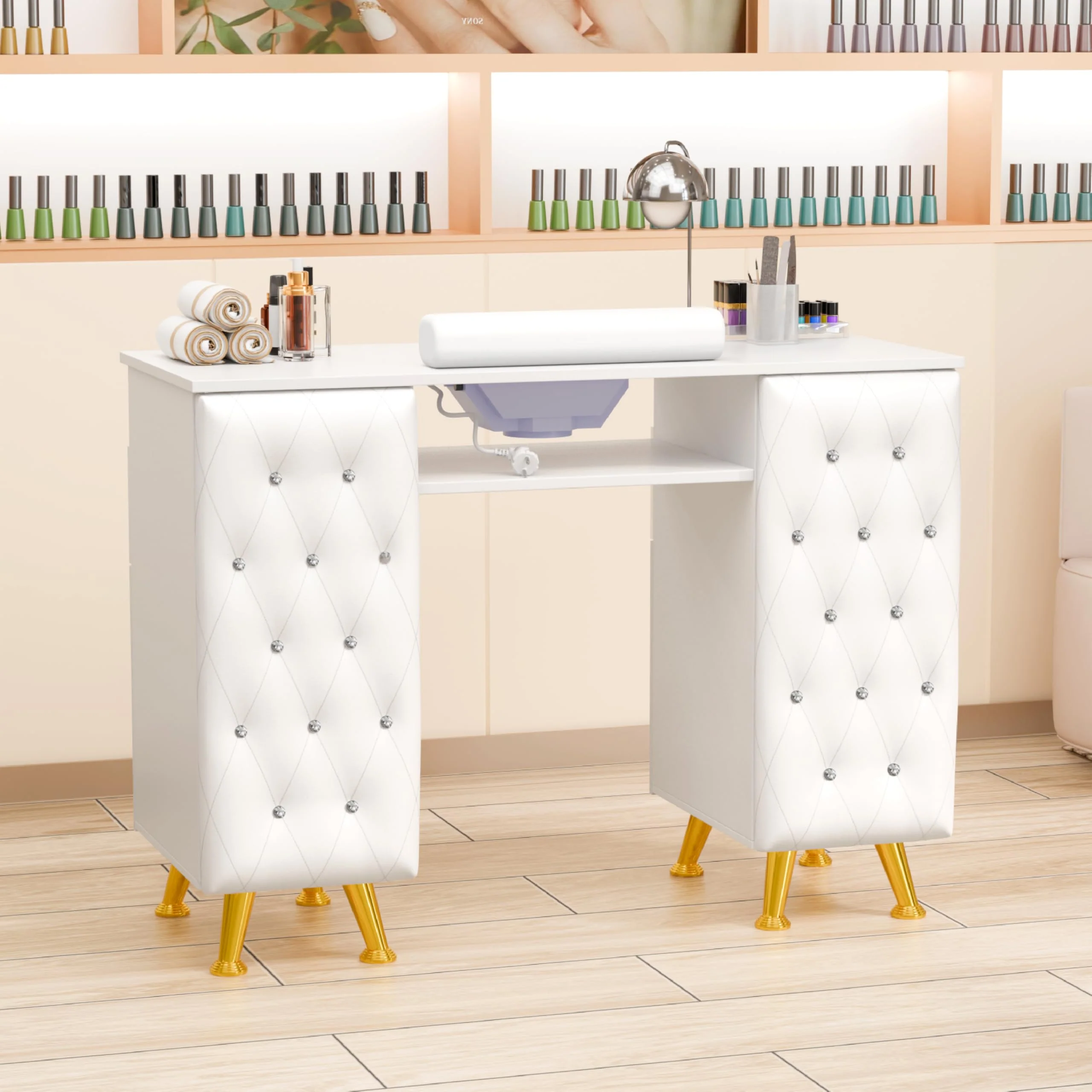 OmySalon MT-SC Nail Manicure Table w/Electric Dust Collector & Wrist Rest & Diamond Decoration - Image 16