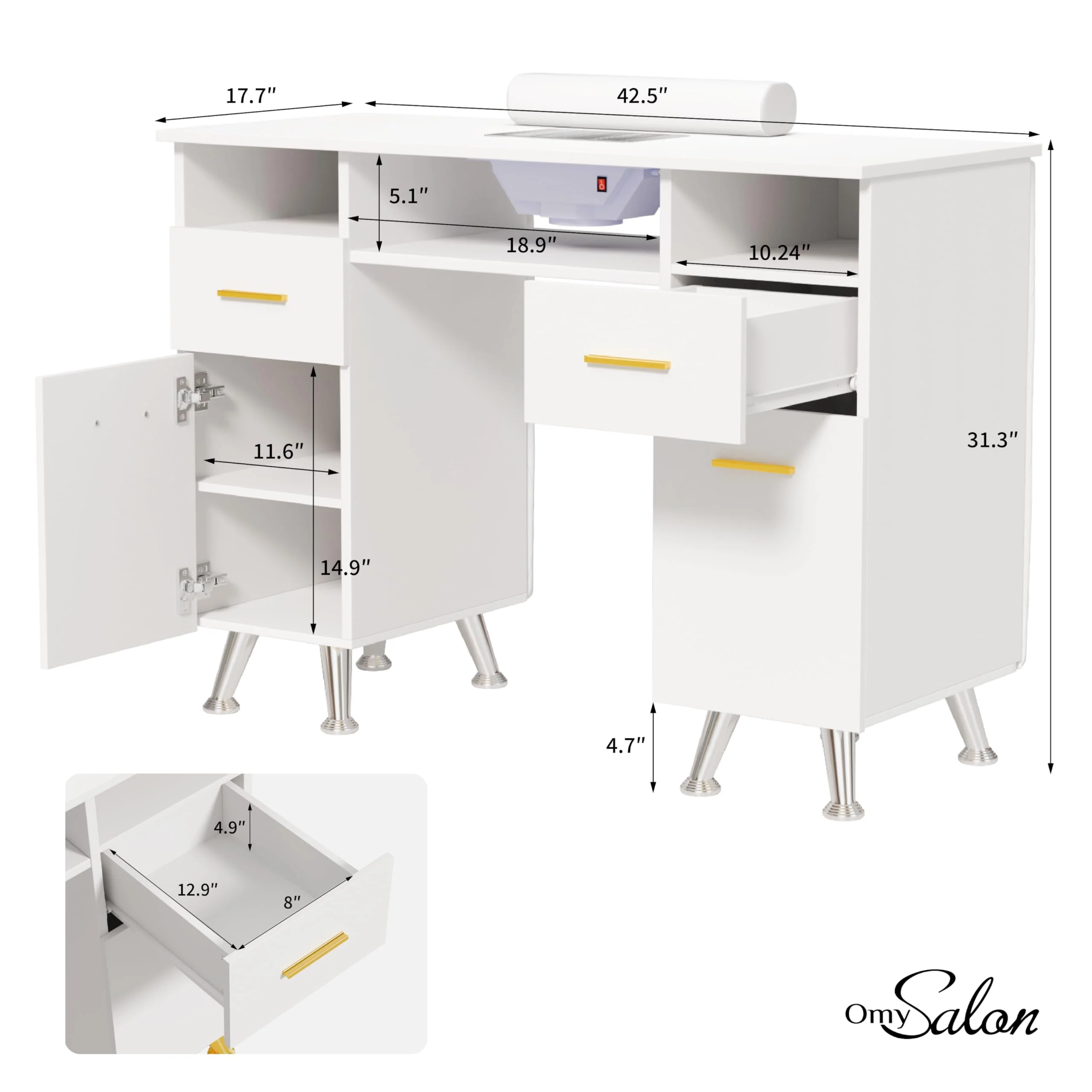 OmySalon MT-SC Nail Manicure Table w/Electric Dust Collector & Wrist Rest & Diamond Decoration - Image 17