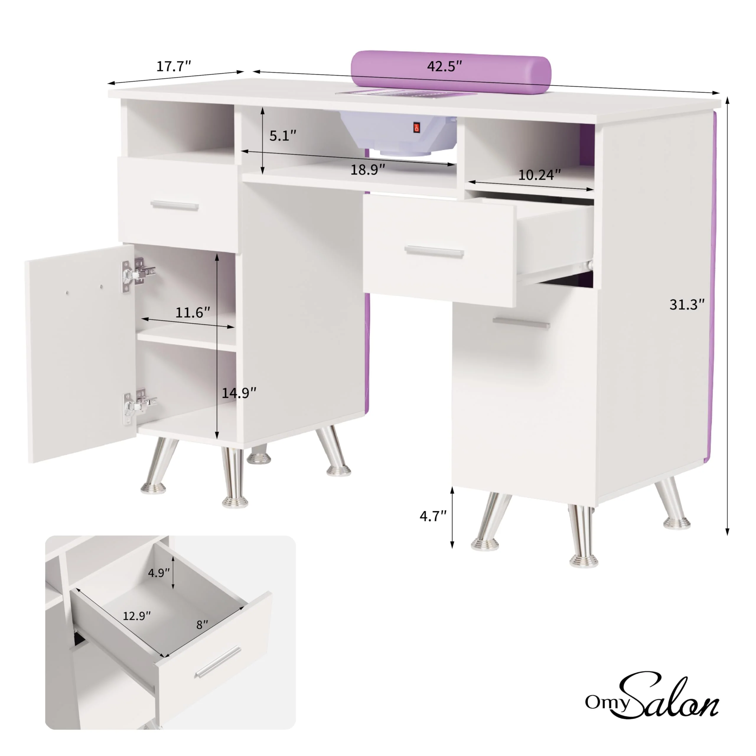 OmySalon MT-SC Nail Manicure Table w/Electric Dust Collector & Wrist Rest & Diamond Decoration - Image 24