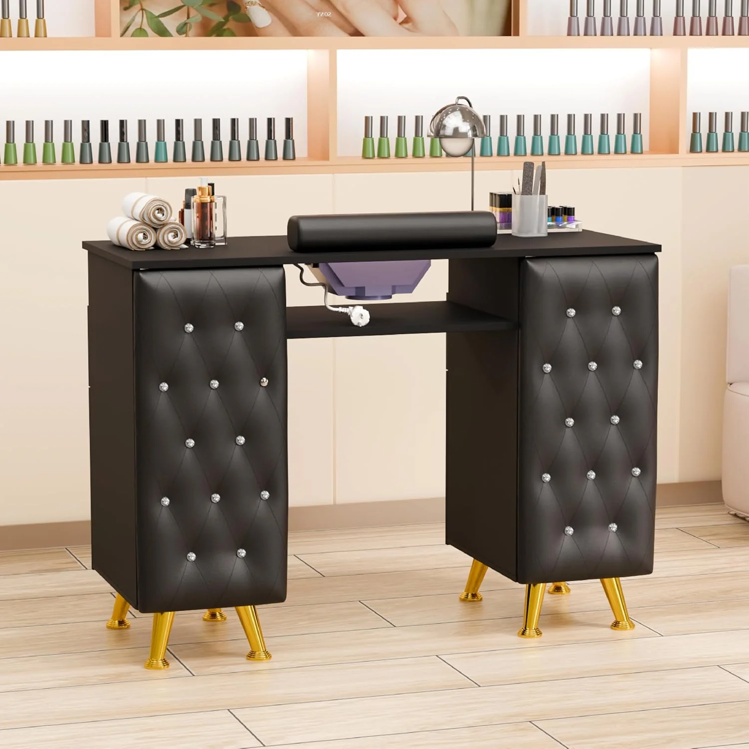 OmySalon MT-SC Nail Manicure Table w/Electric Dust Collector & Wrist Rest & Diamond Decoration - Image 9