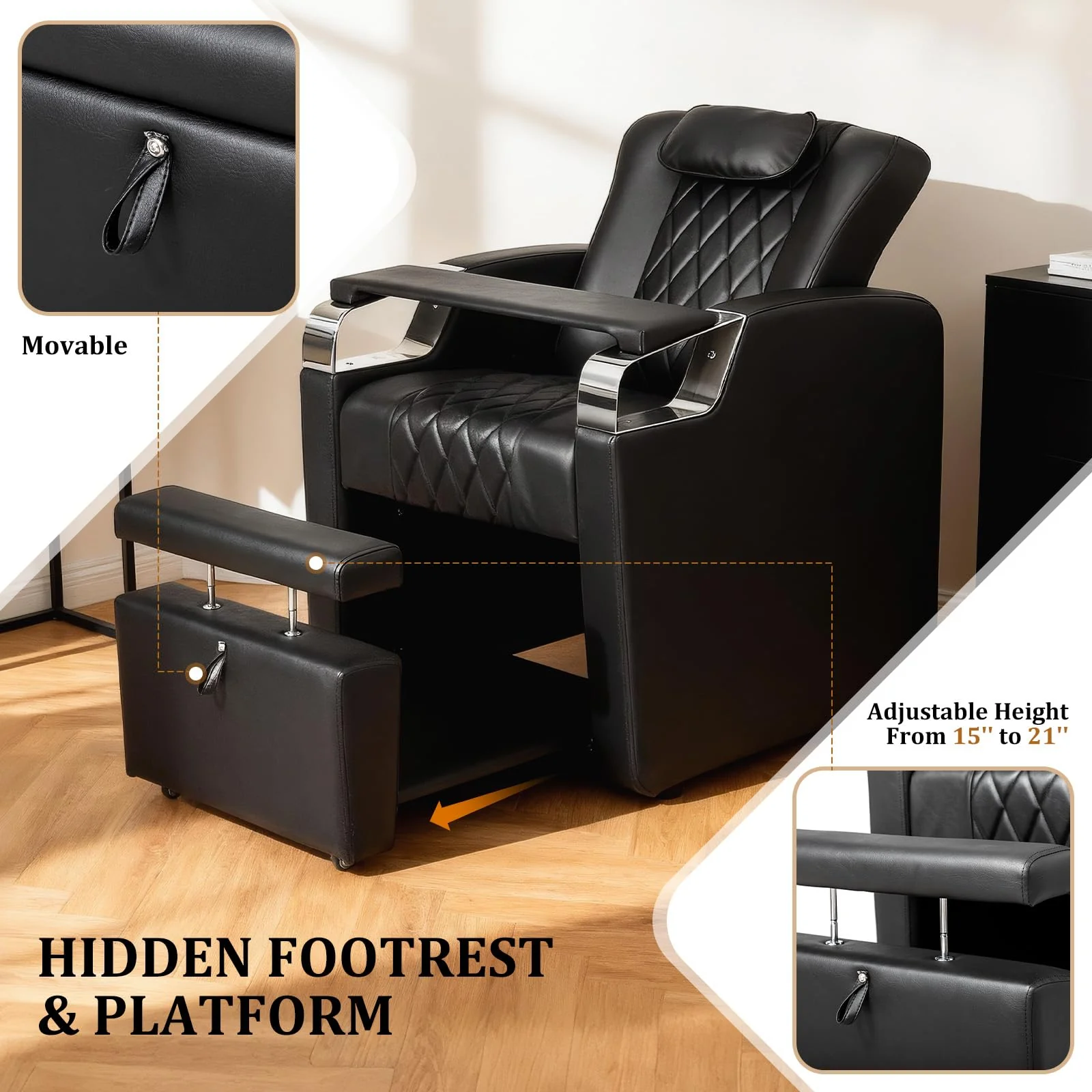 OmySalon PCE-WRS Electric Pedicure Chair with Adjustable Backrest & Movable Hand Pillow & Hidden Storage Platform - Image 6