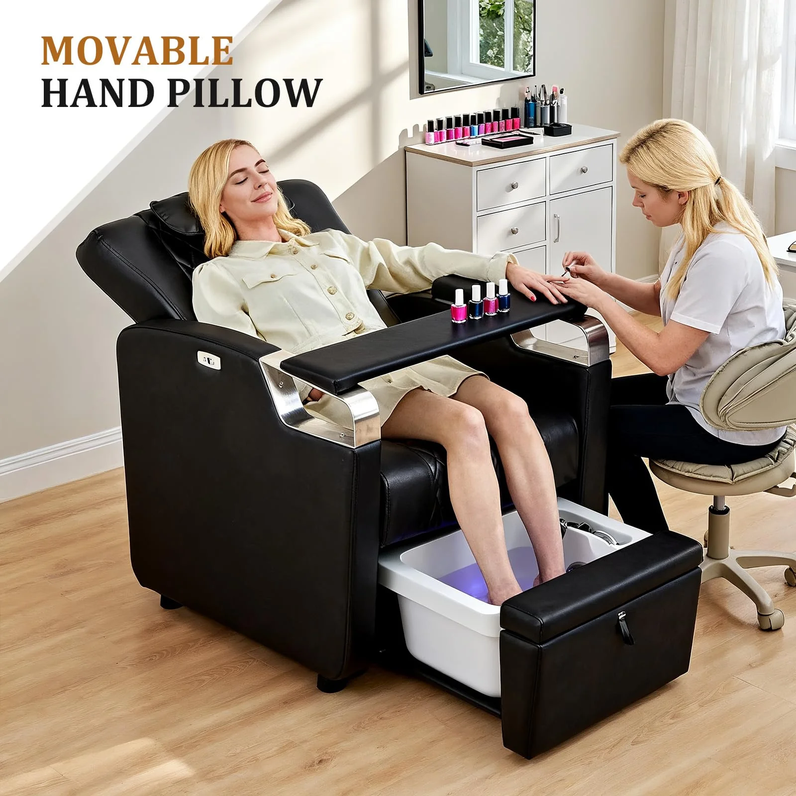 OmySalon PCE-WRS Electric Pedicure Chair with Adjustable Backrest & Movable Hand Pillow & Hidden Storage Platform - Image 7