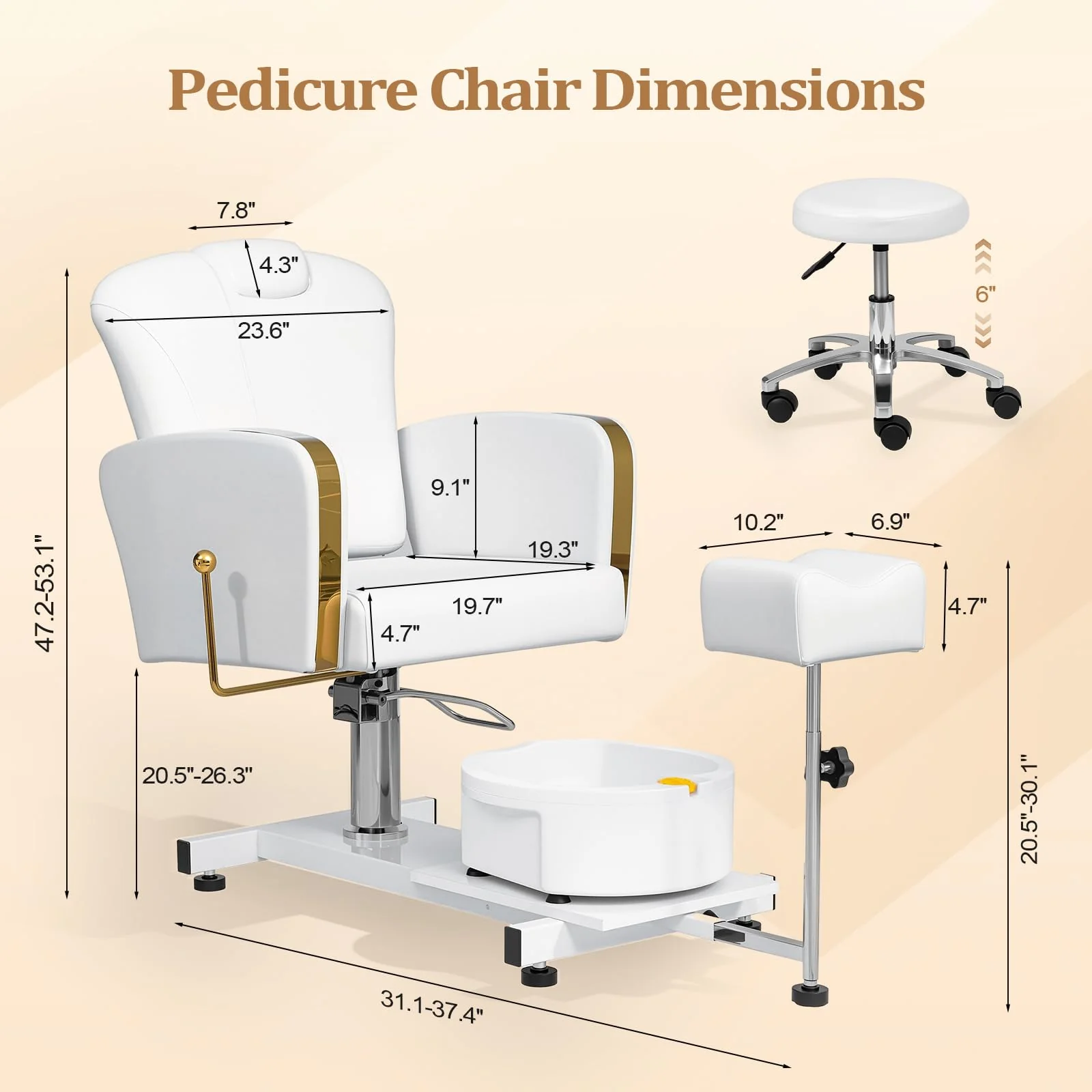 OmySalon PCM-WB 360° Rotation Hydraulic Pedicure Chair with Bubble Foot Bath & Rolling Stool - Image 3