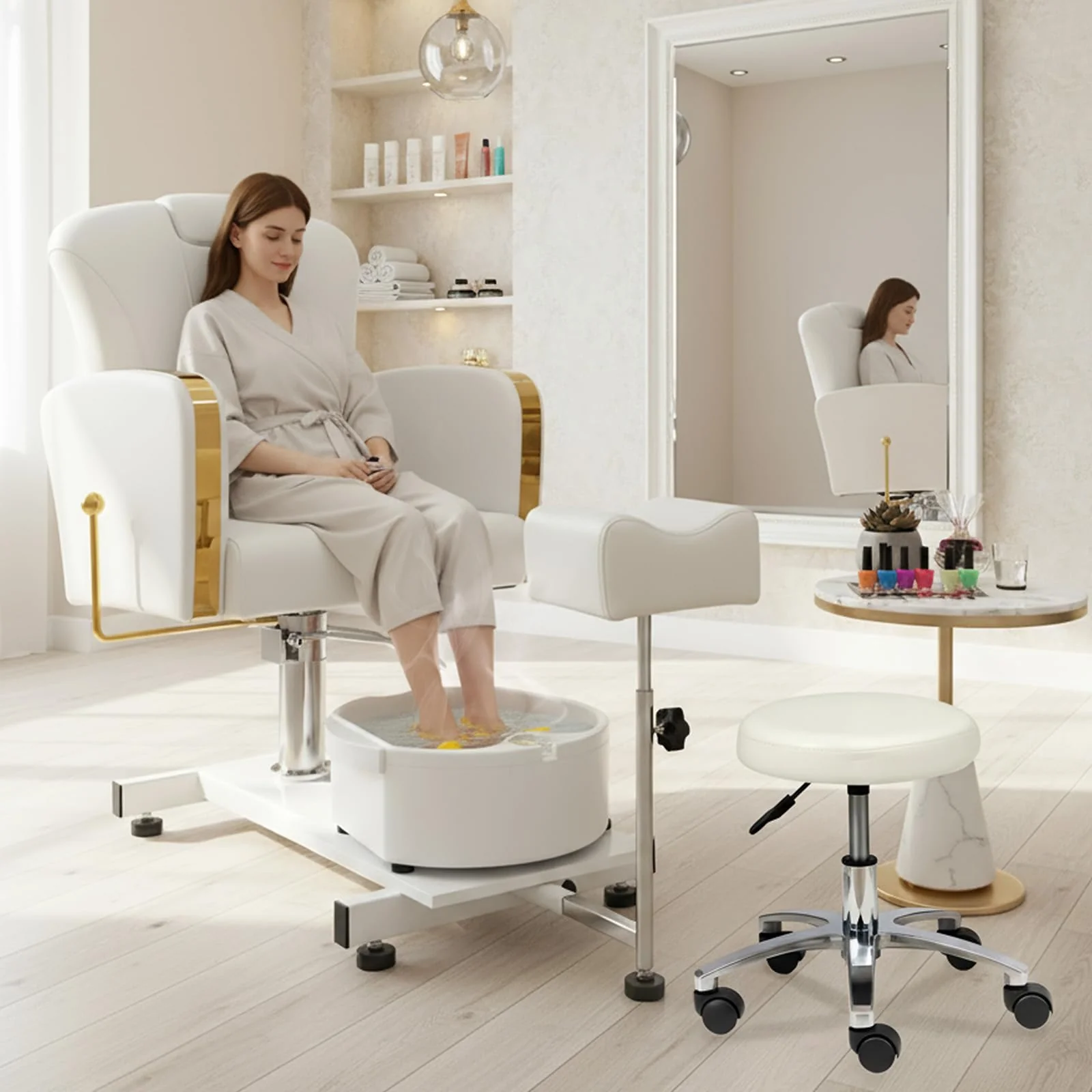 OmySalon PCM-WB 360° Rotation Hydraulic Pedicure Chair with Bubble Foot Bath & Rolling Stool - Image 4