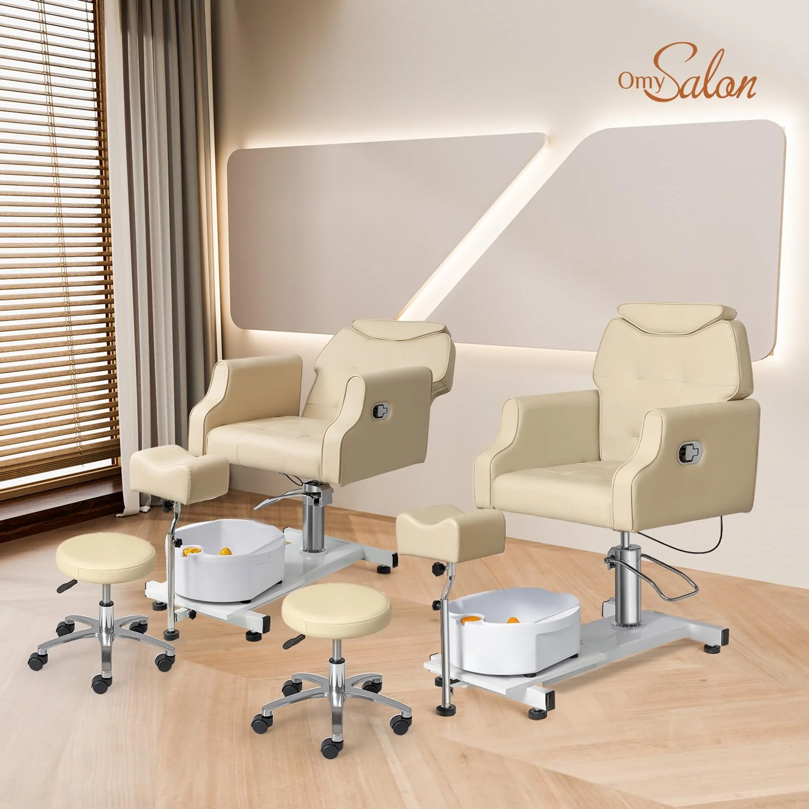 OmySalon PCM-WB 360° Rotation Hydraulic Pedicure Chair with Bubble Massage Foot Bath & Rolling Stool - Image 10