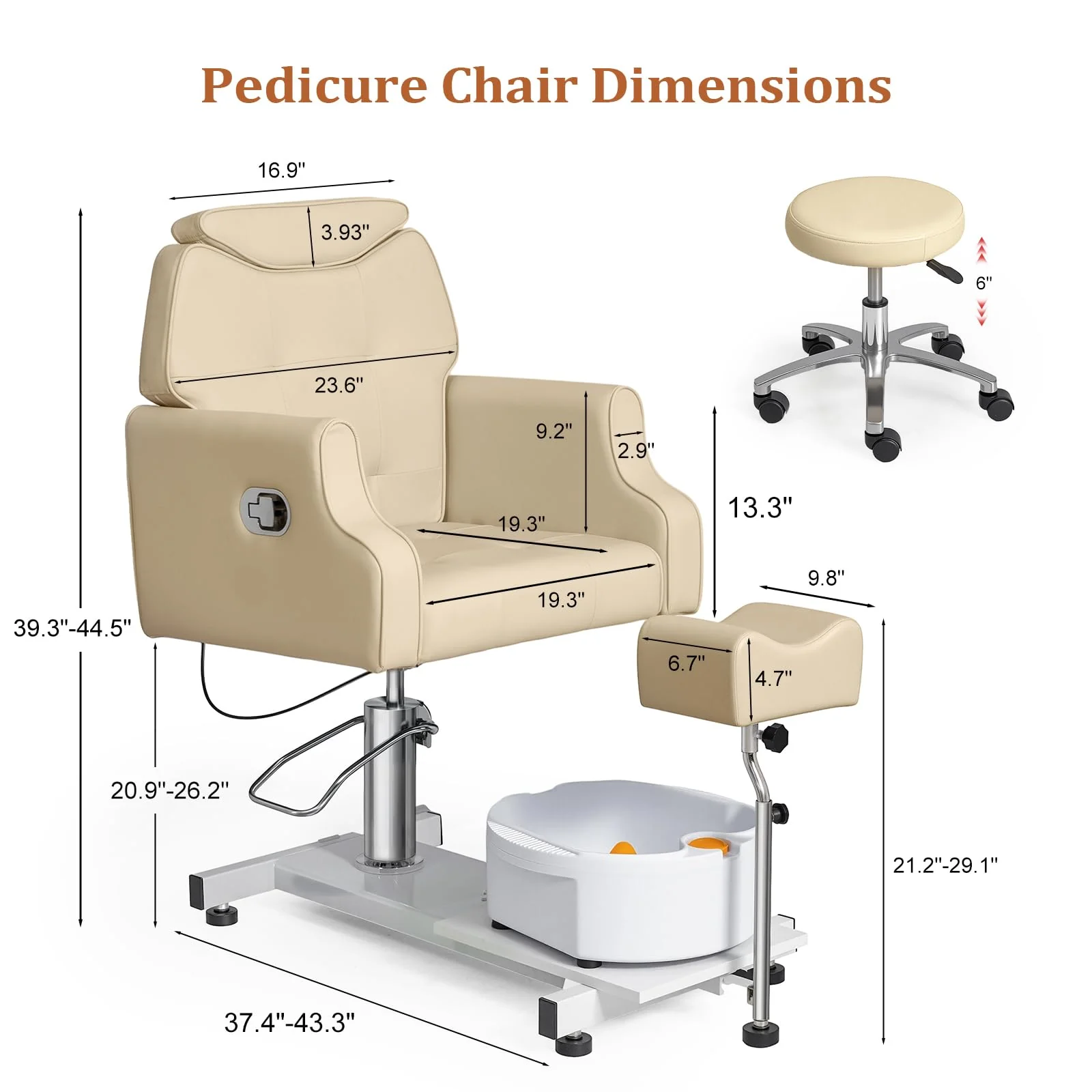 OmySalon PCM-WB 360° Rotation Hydraulic Pedicure Chair with Bubble Massage Foot Bath & Rolling Stool - Image 11