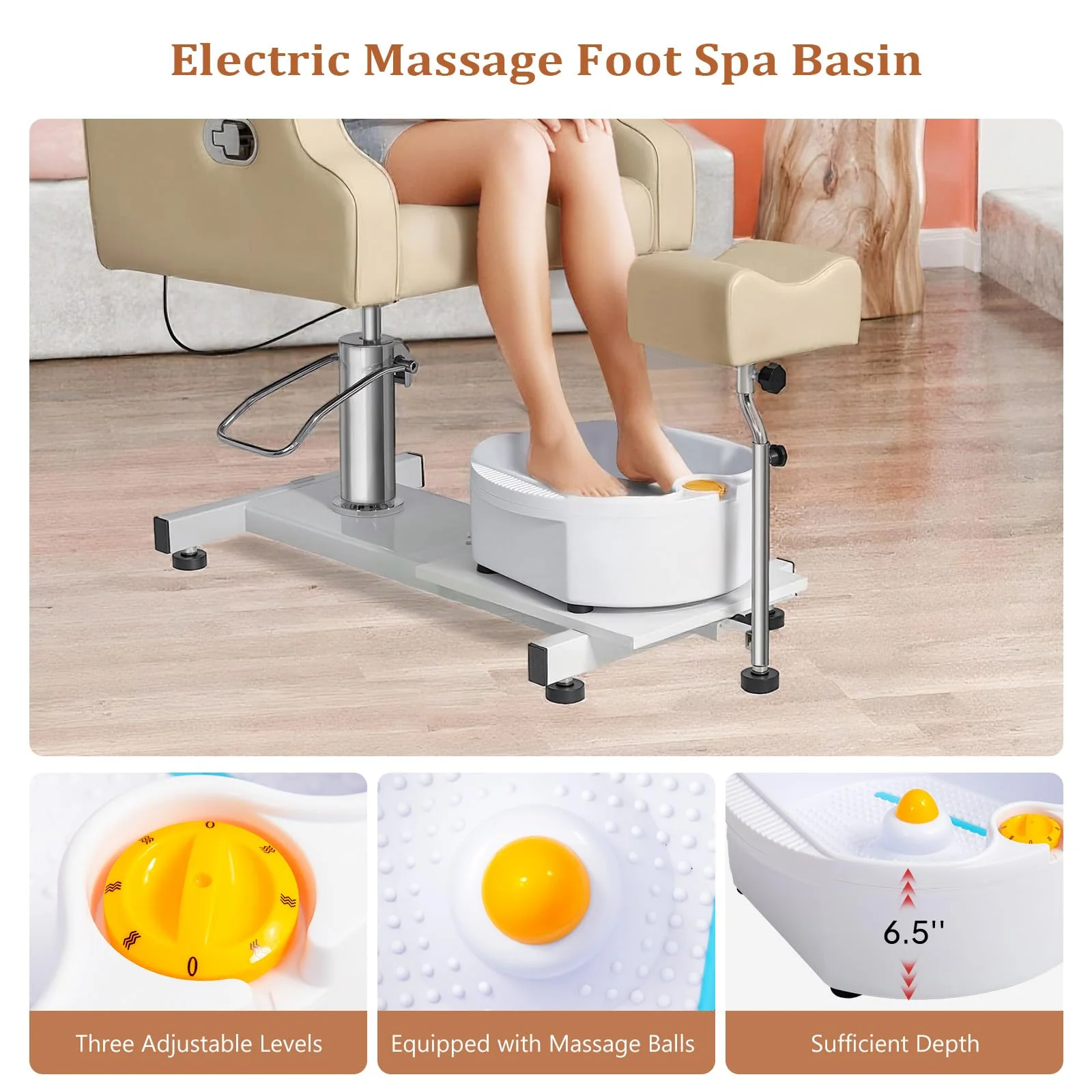 OmySalon PCM-WB 360° Rotation Hydraulic Pedicure Chair with Bubble Massage Foot Bath & Rolling Stool - Image 15