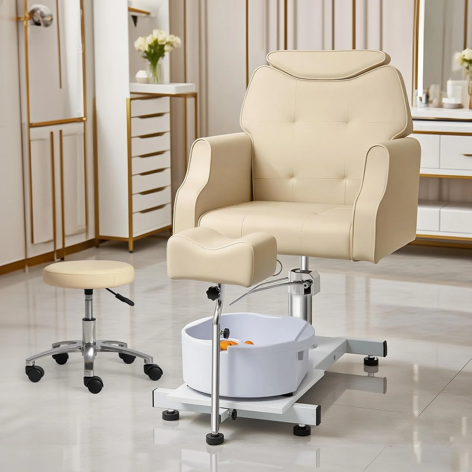 OmySalon PCM-WB 360° Rotation Hydraulic Pedicure Chair with Bubble Massage Foot Bath & Rolling Stool - Image 16