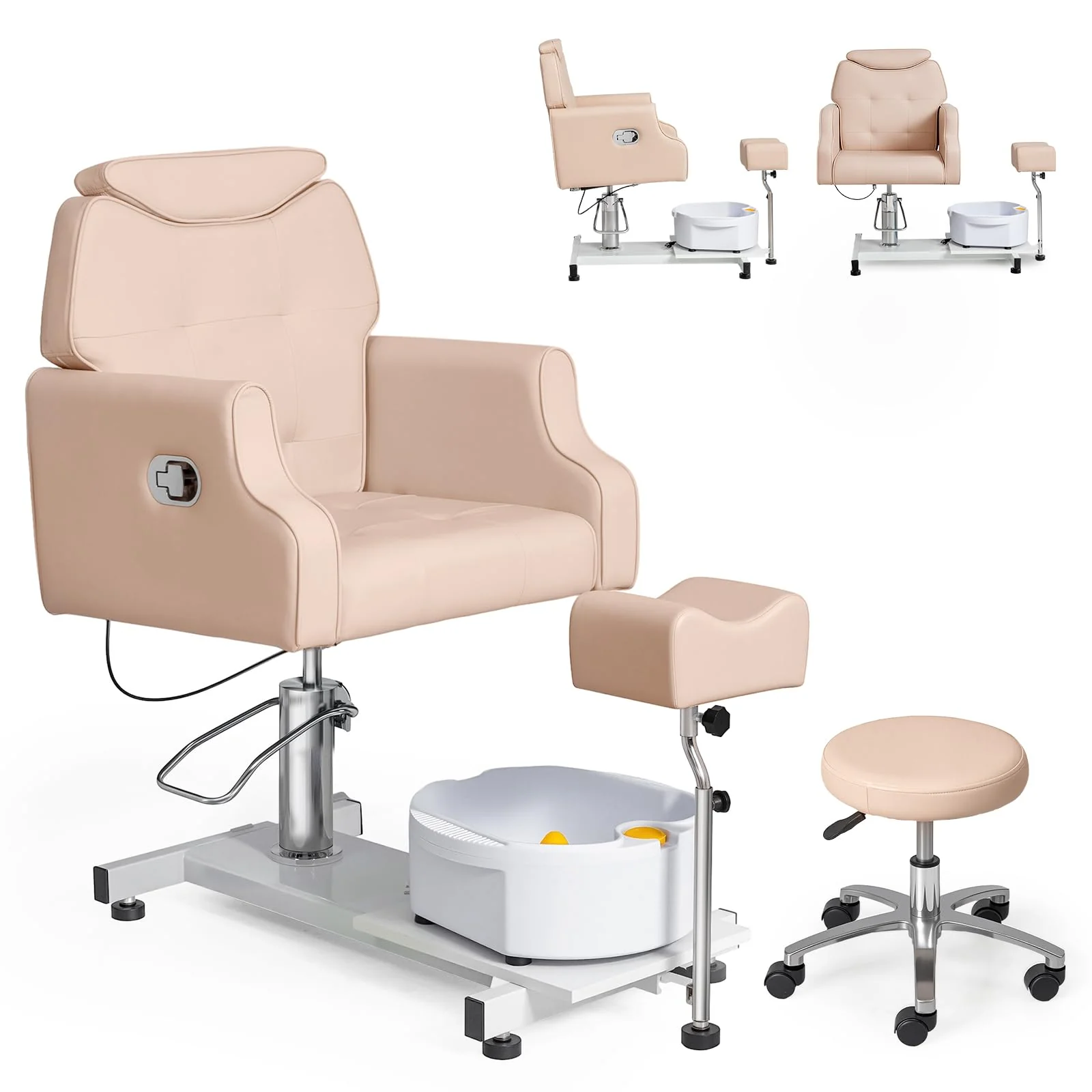 OmySalon PCM-WB 360° Rotation Hydraulic Pedicure Chair with Bubble Massage Foot Bath & Rolling Stool - Image 17