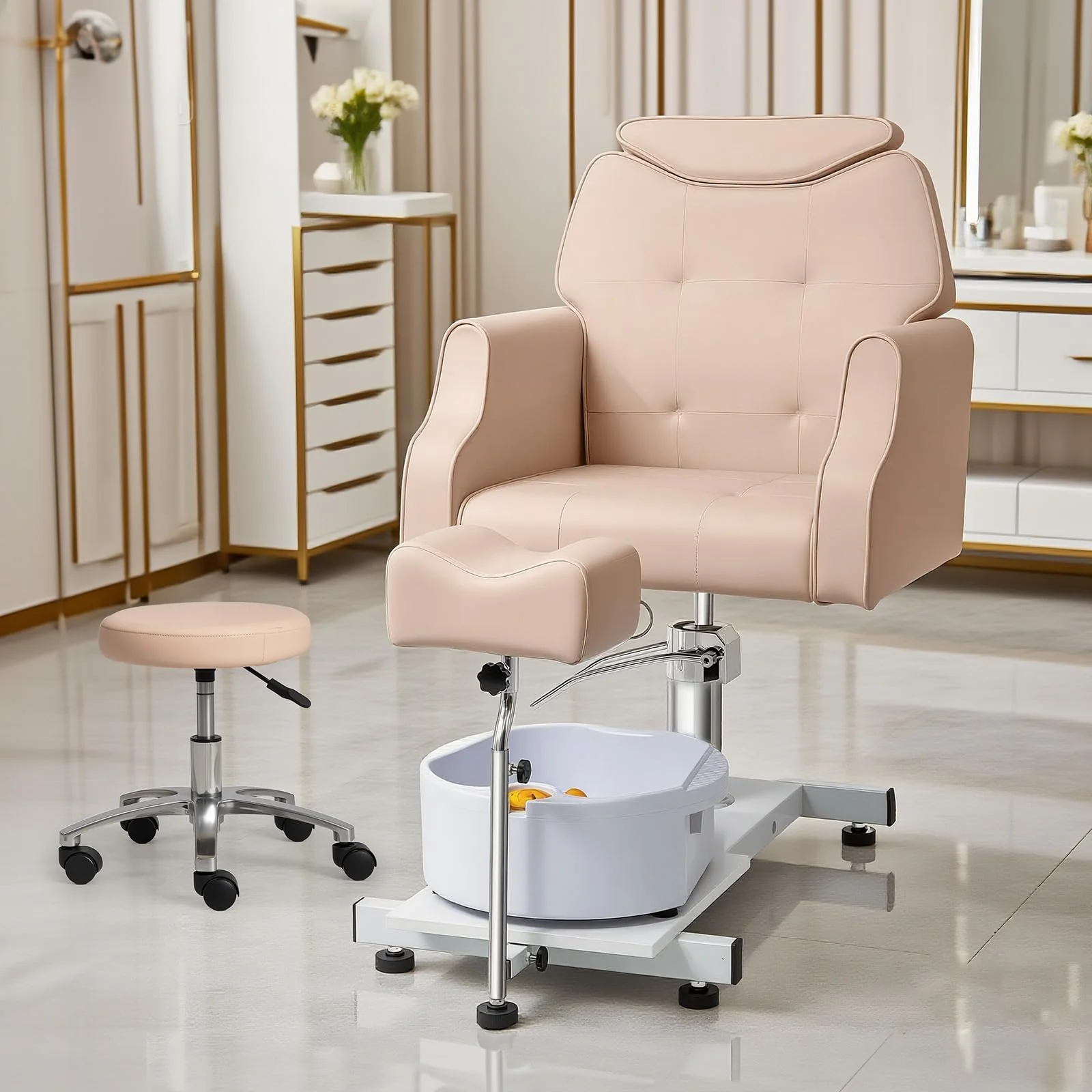 OmySalon PCM-WB 360° Rotation Hydraulic Pedicure Chair with Bubble Massage Foot Bath & Rolling Stool - Image 18