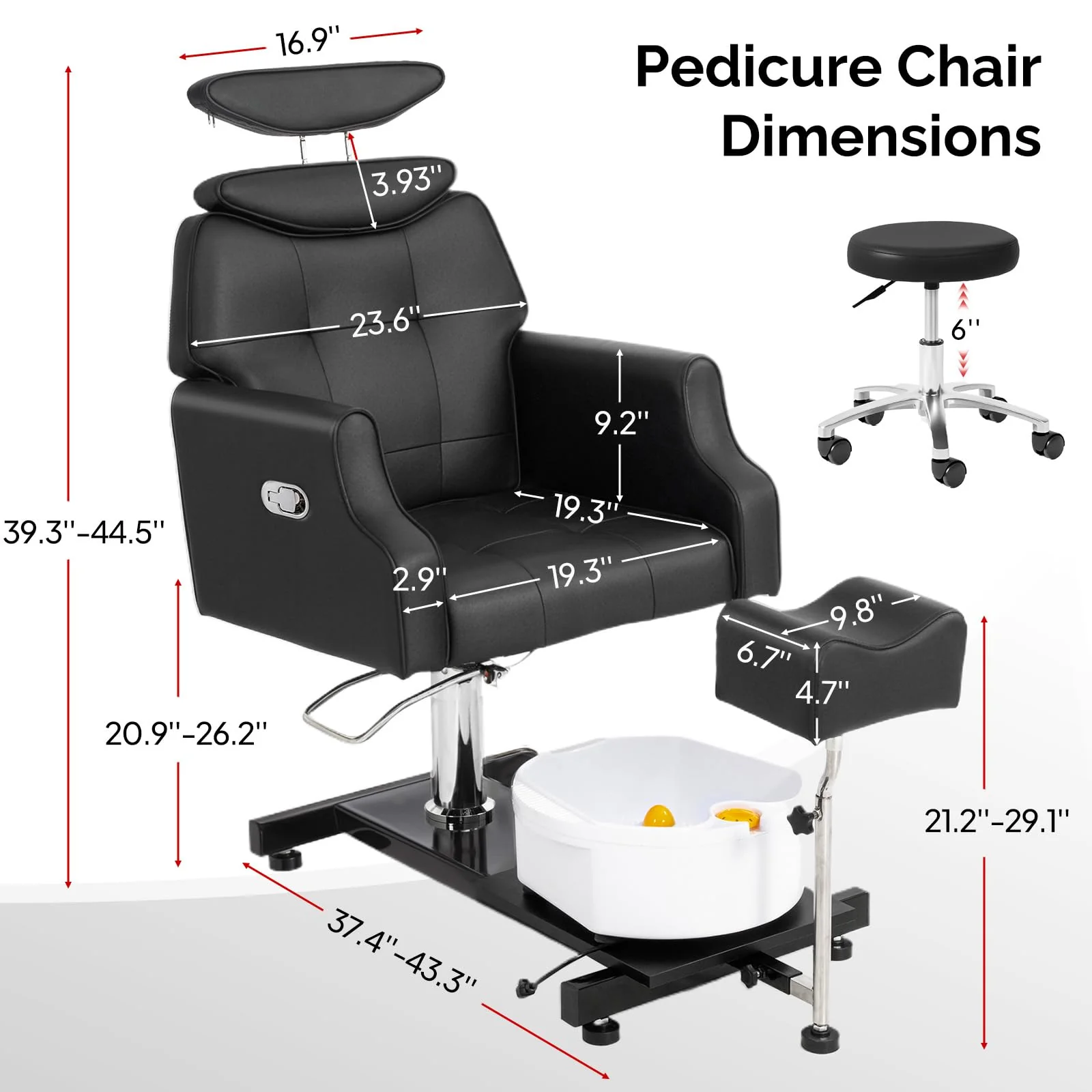 OmySalon PCM-WB 360° Rotation Hydraulic Pedicure Chair with Bubble Massage Foot Bath & Rolling Stool - Image 3